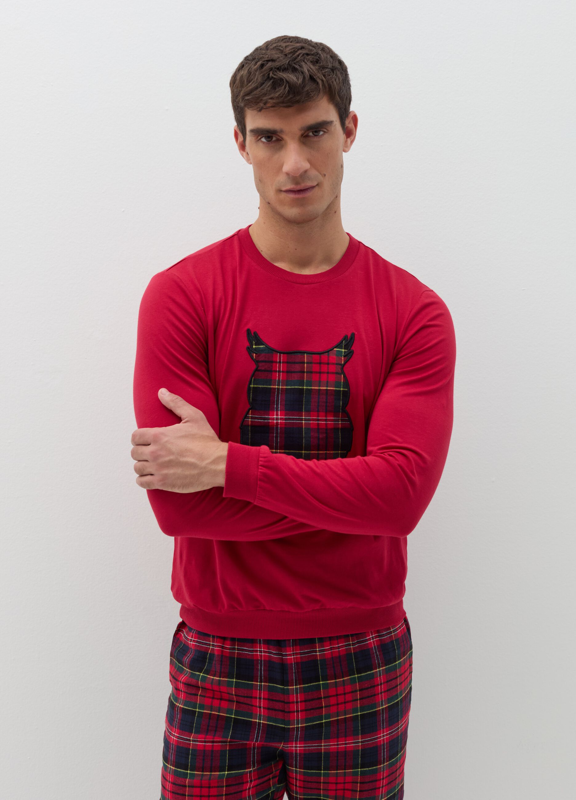 Pigiama fantasia tartan con patch animaletto