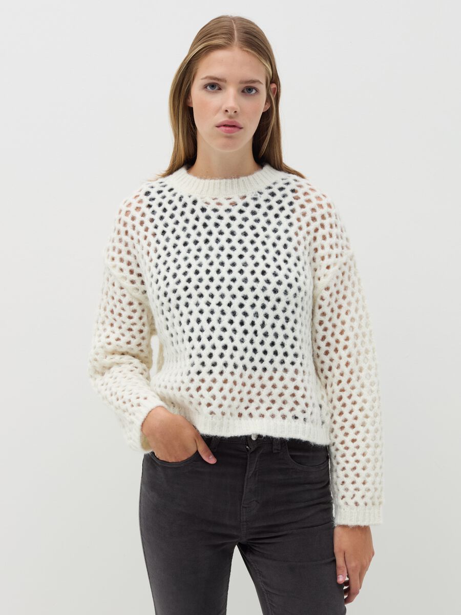 Crop top with openwork knit_0