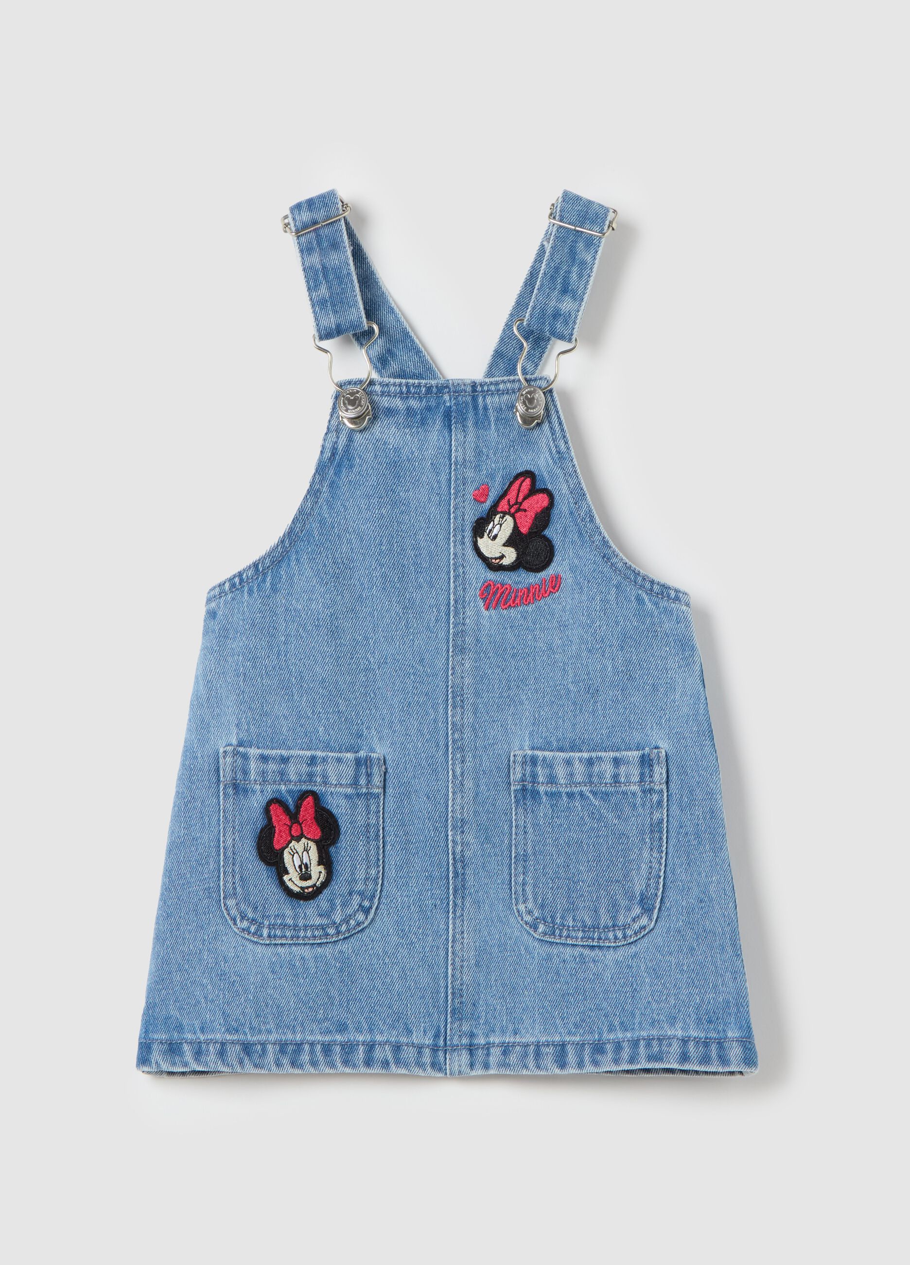 Salopette gonna in denim con patch Minnie