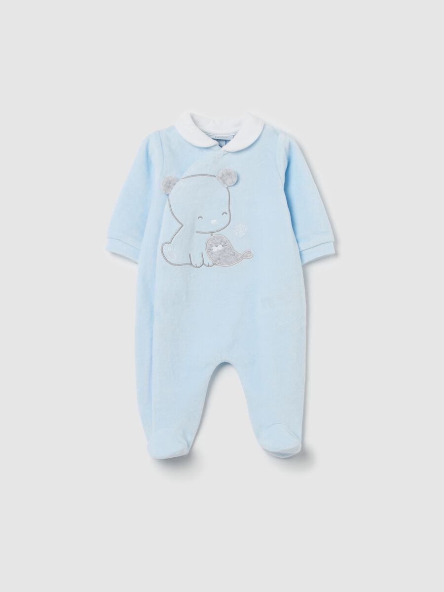 Velour onesie with feet and animals embroidery_0