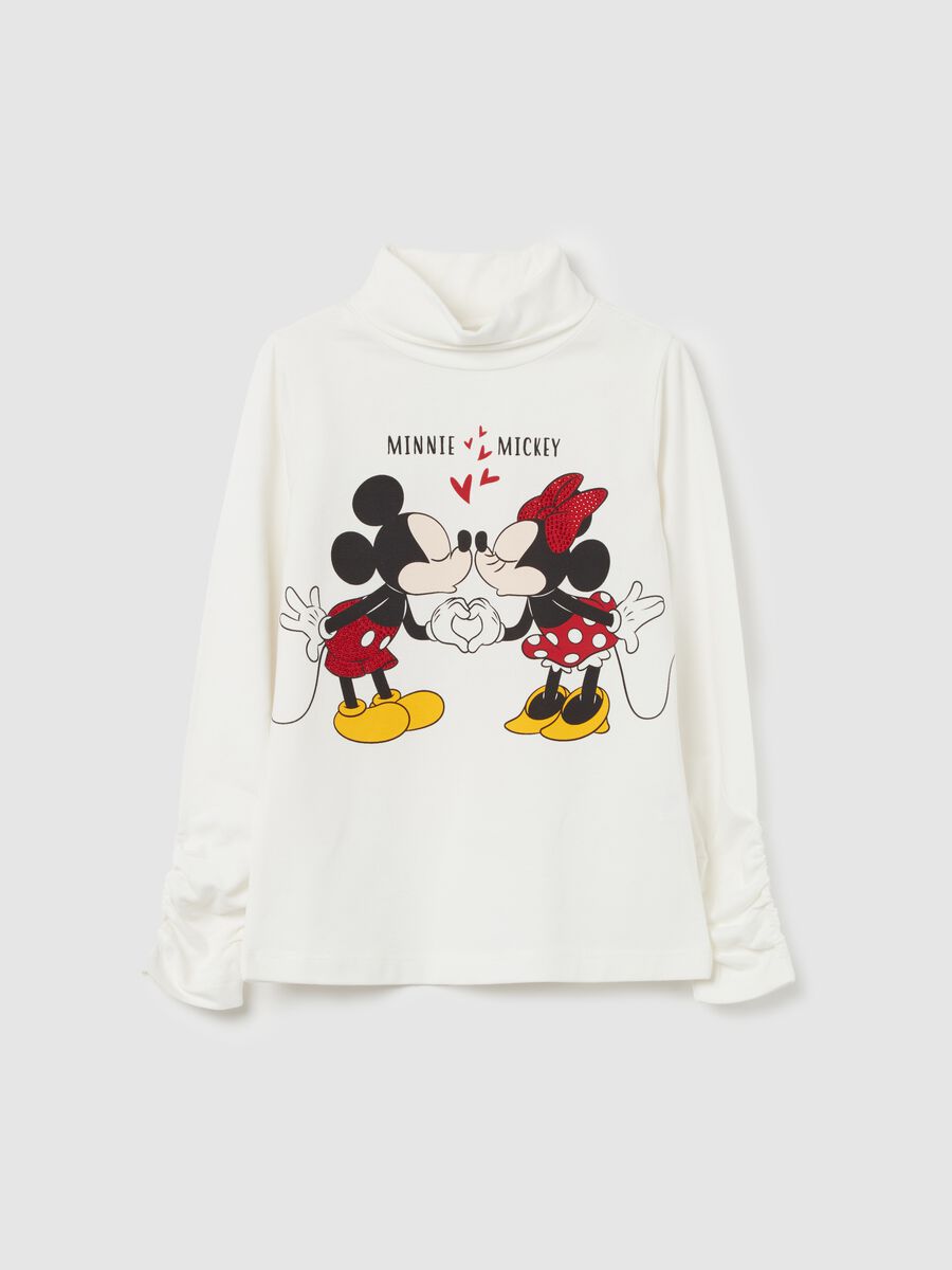 T-shirt a collo alto stampa Minnie e Topolino_0