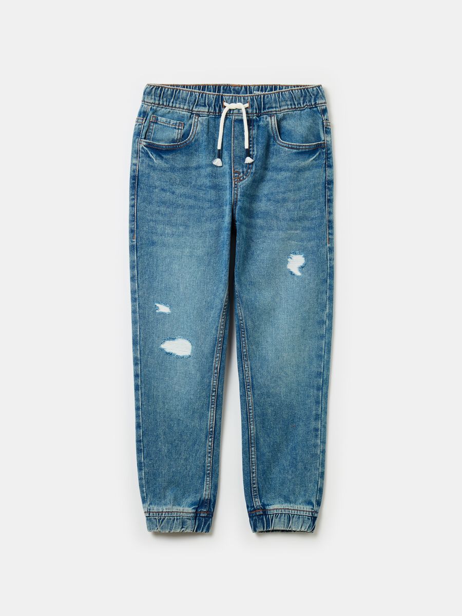 Denim joggers with drawstring and abrasions_0