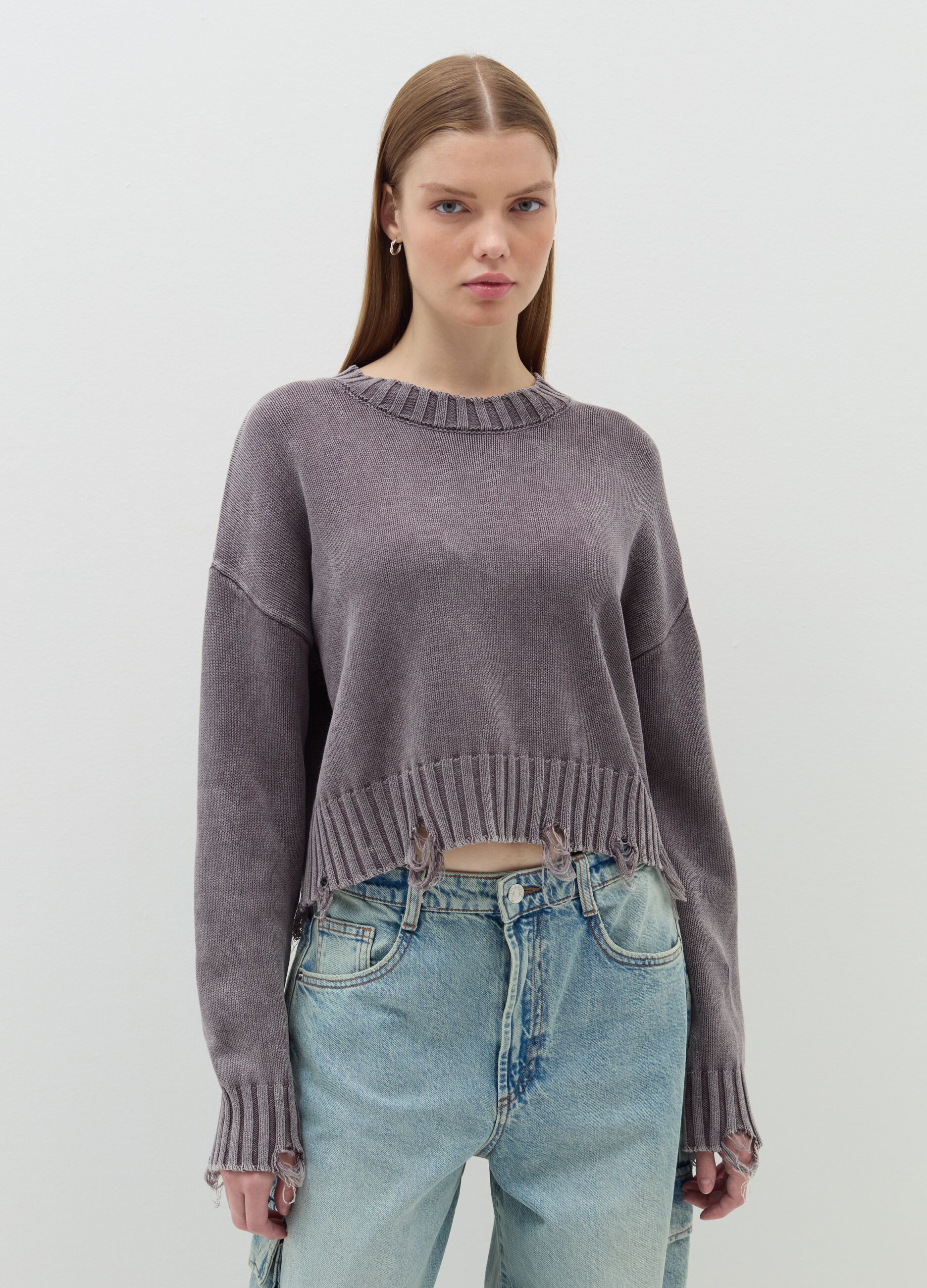 Vintage-effect oversized pullover with abrasions