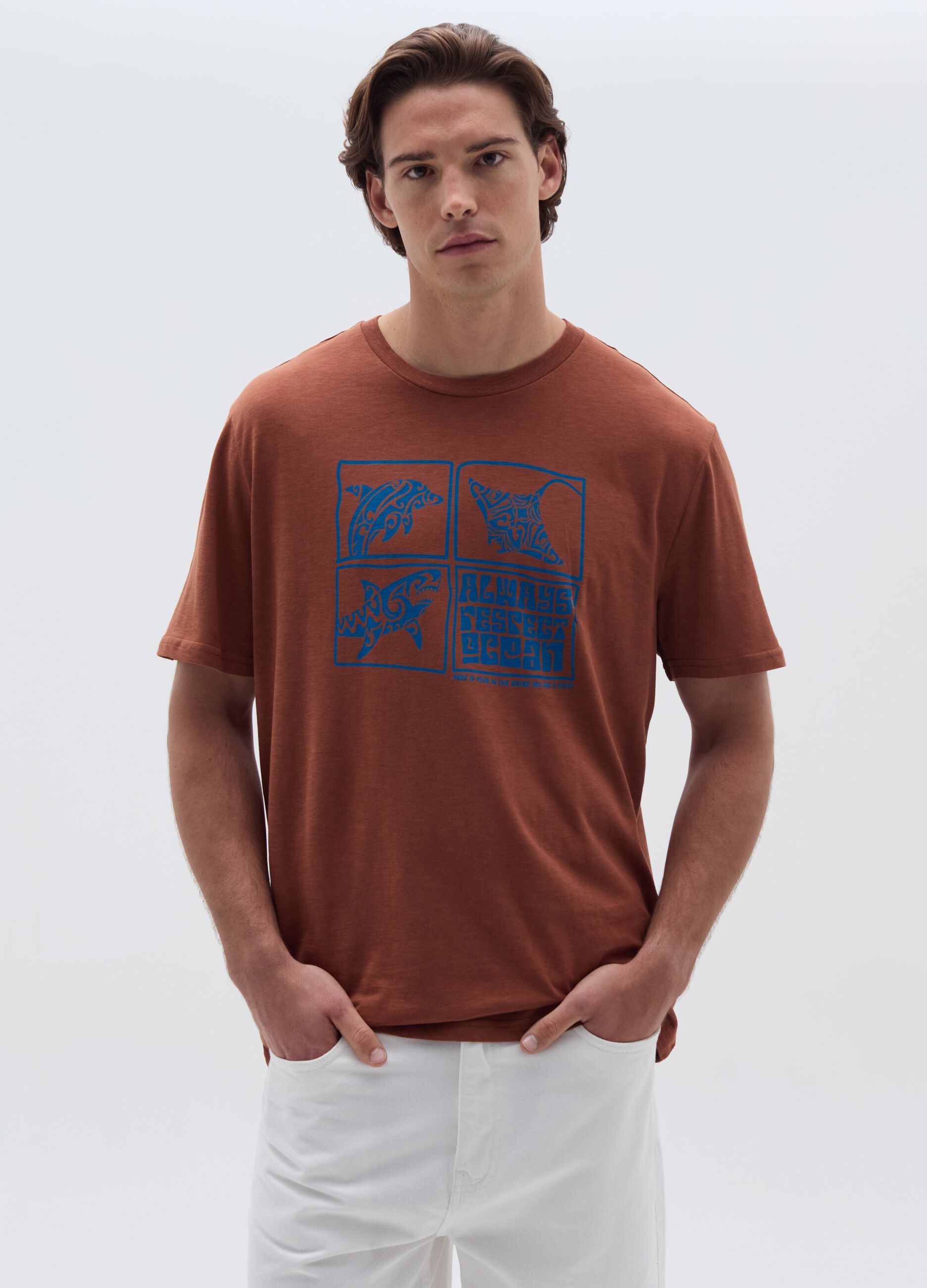 T-shirt in cotone con stampa animali marini