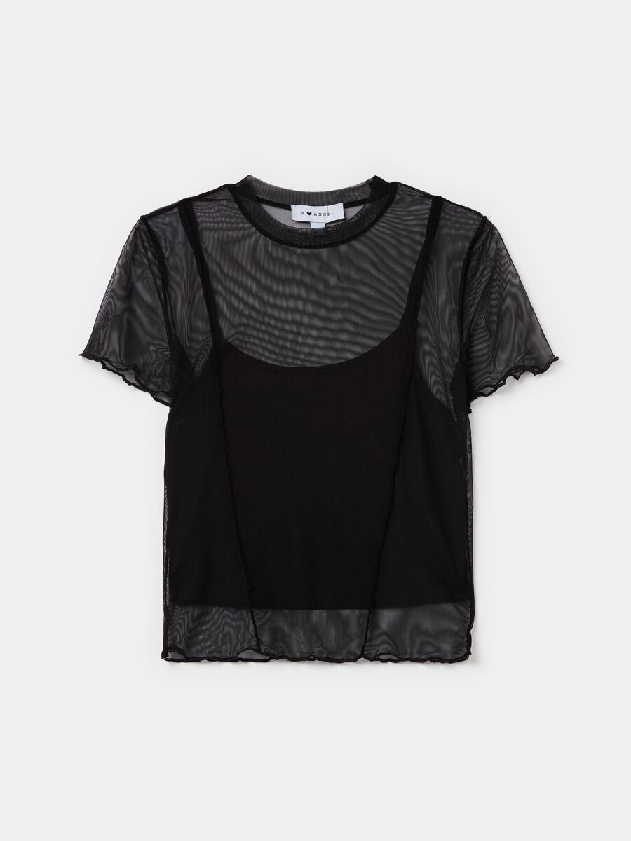 Crop T-shirt in mesh with wavy edging_4