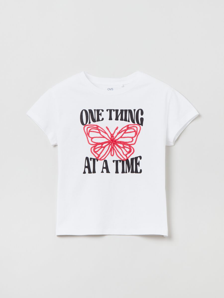 Cotton T-shirt with print and embroidered butterfly_0