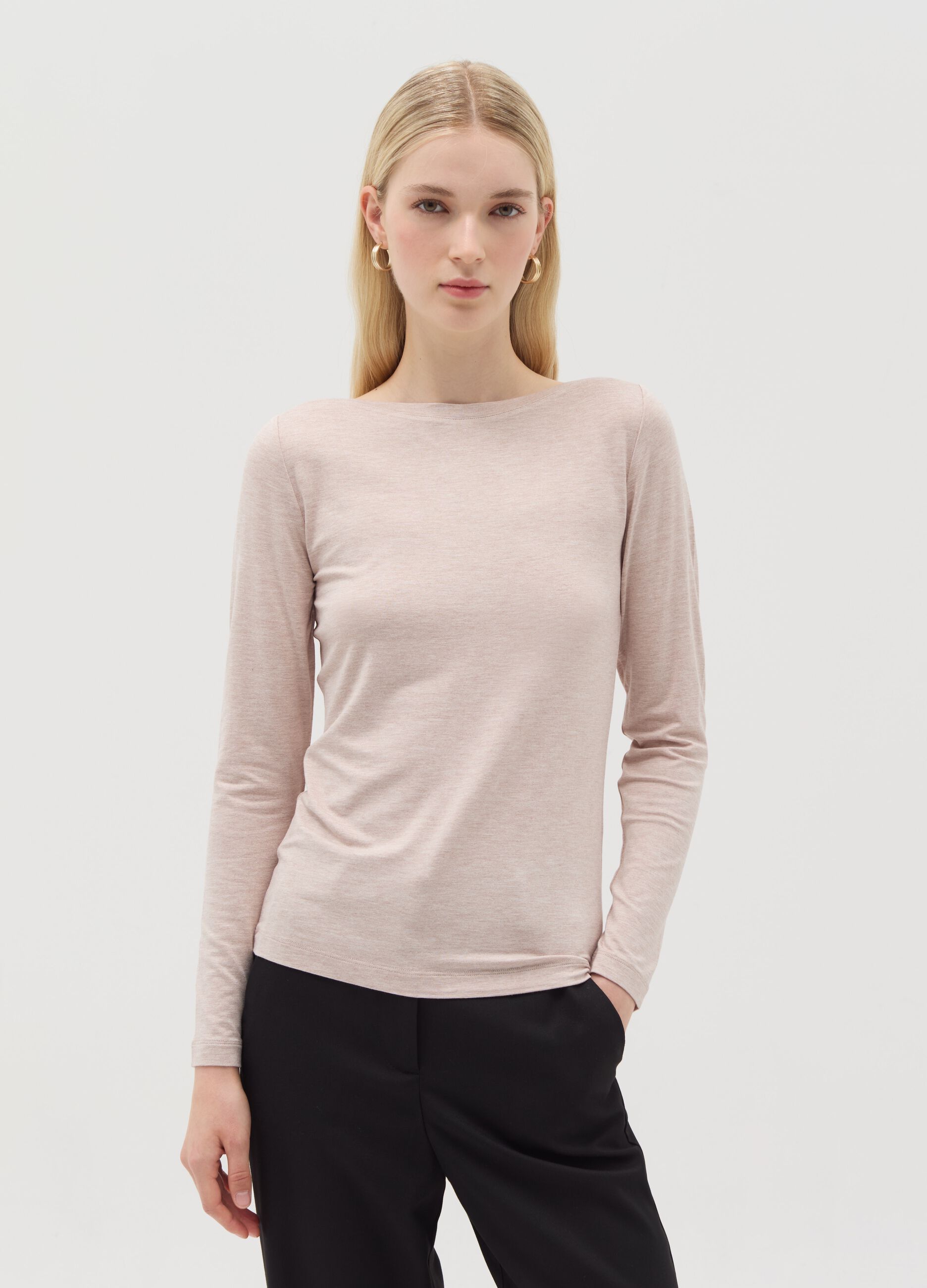 Stretch viscose T-shirt with boat neck