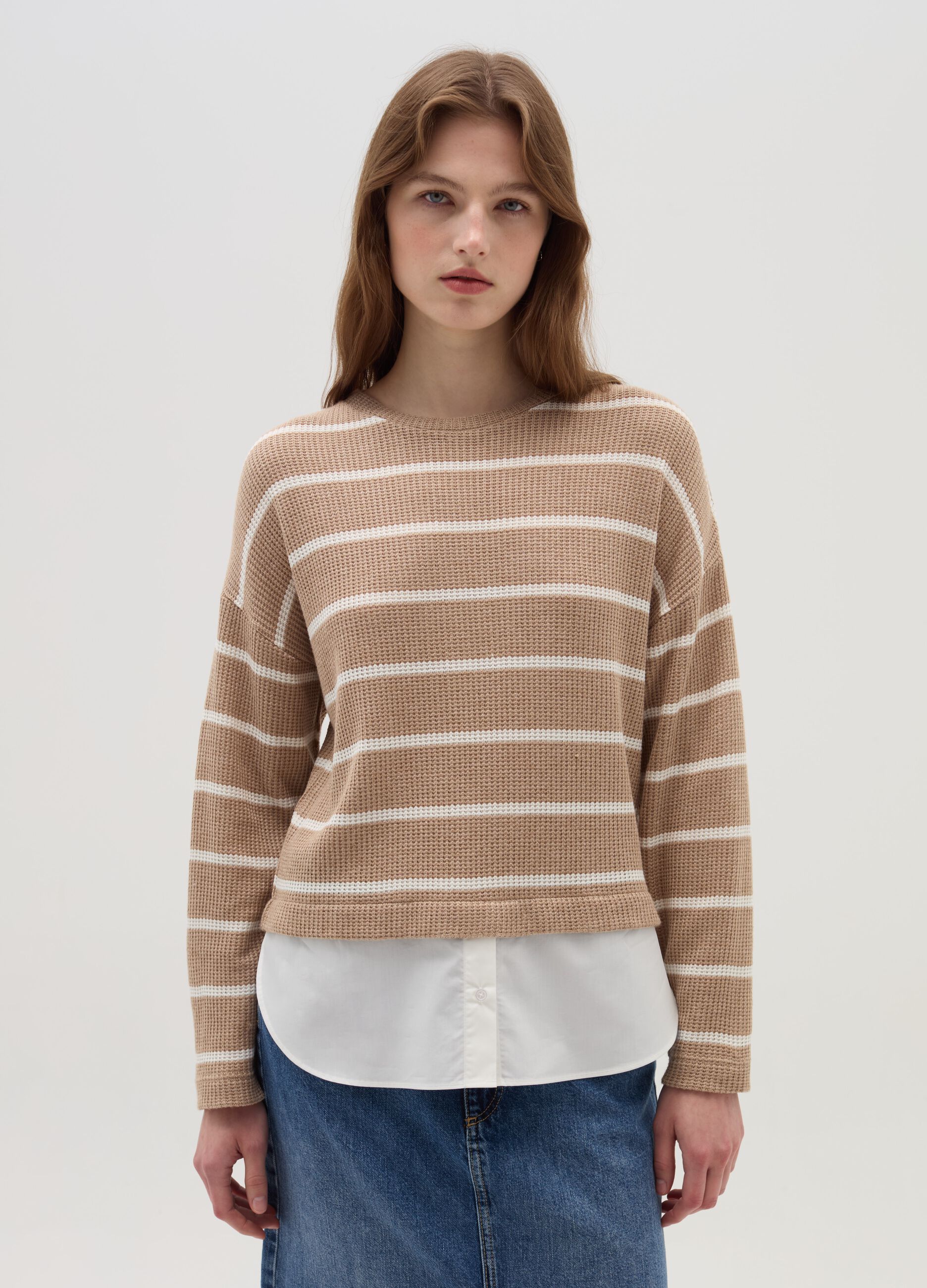 Long-sleeved T-shirt with micro waffle weave