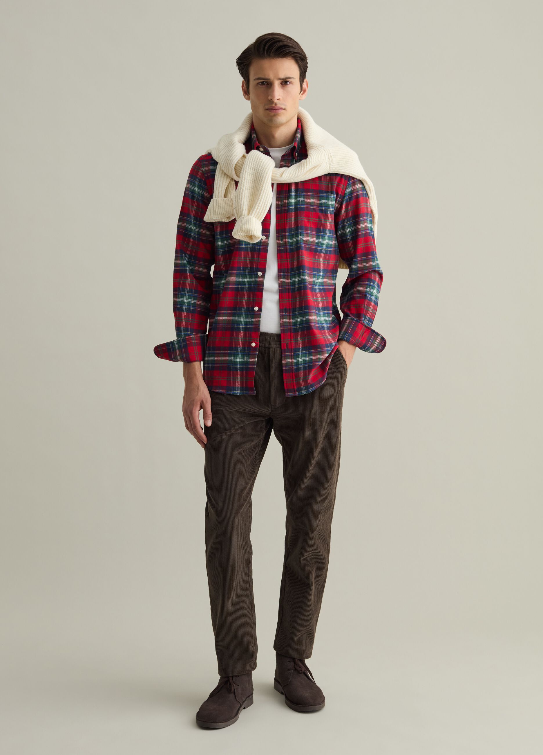 Flannel shirt with check pattern and button-down collar