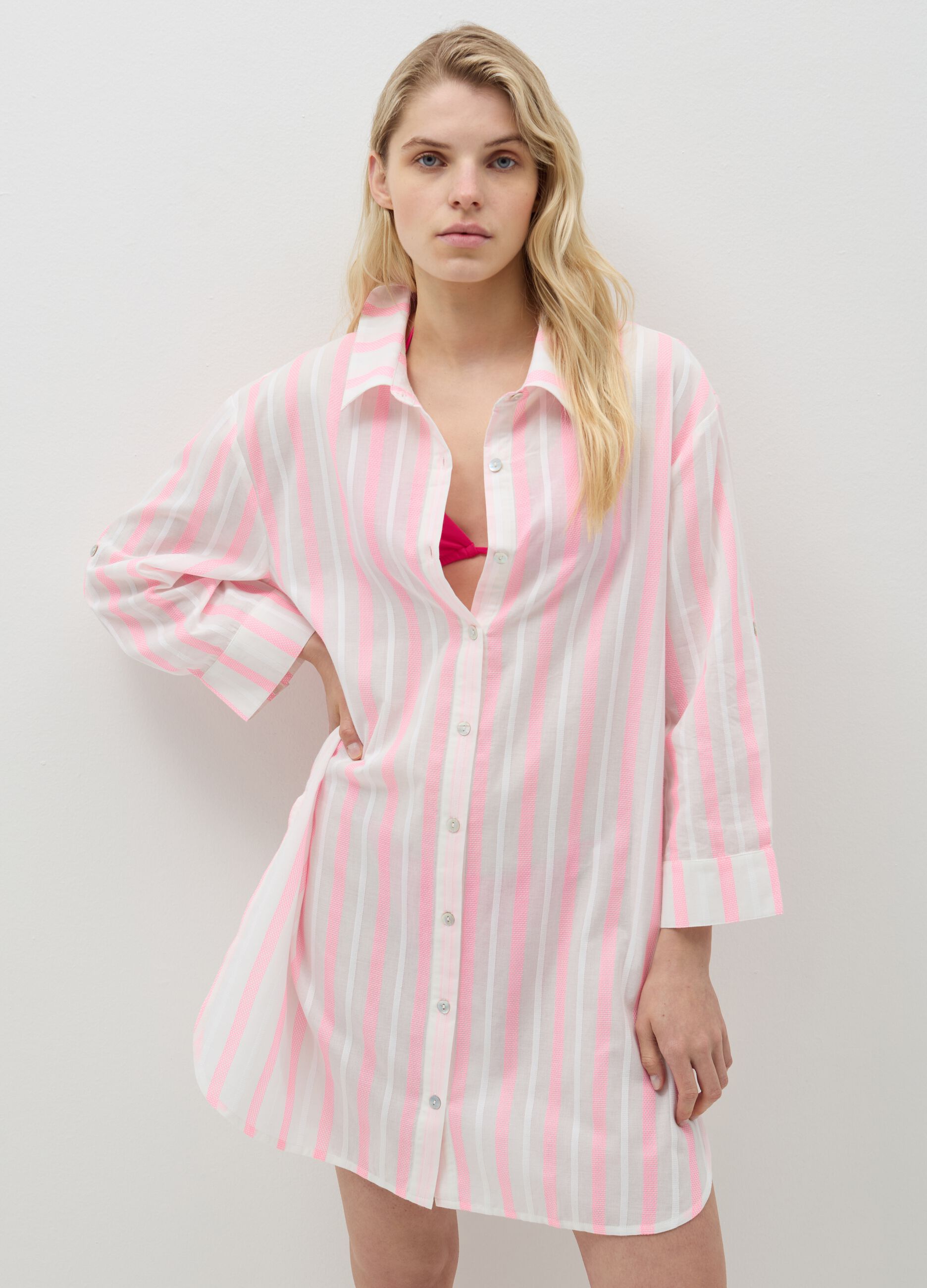 Striped beach cover-up shirt with embroidery