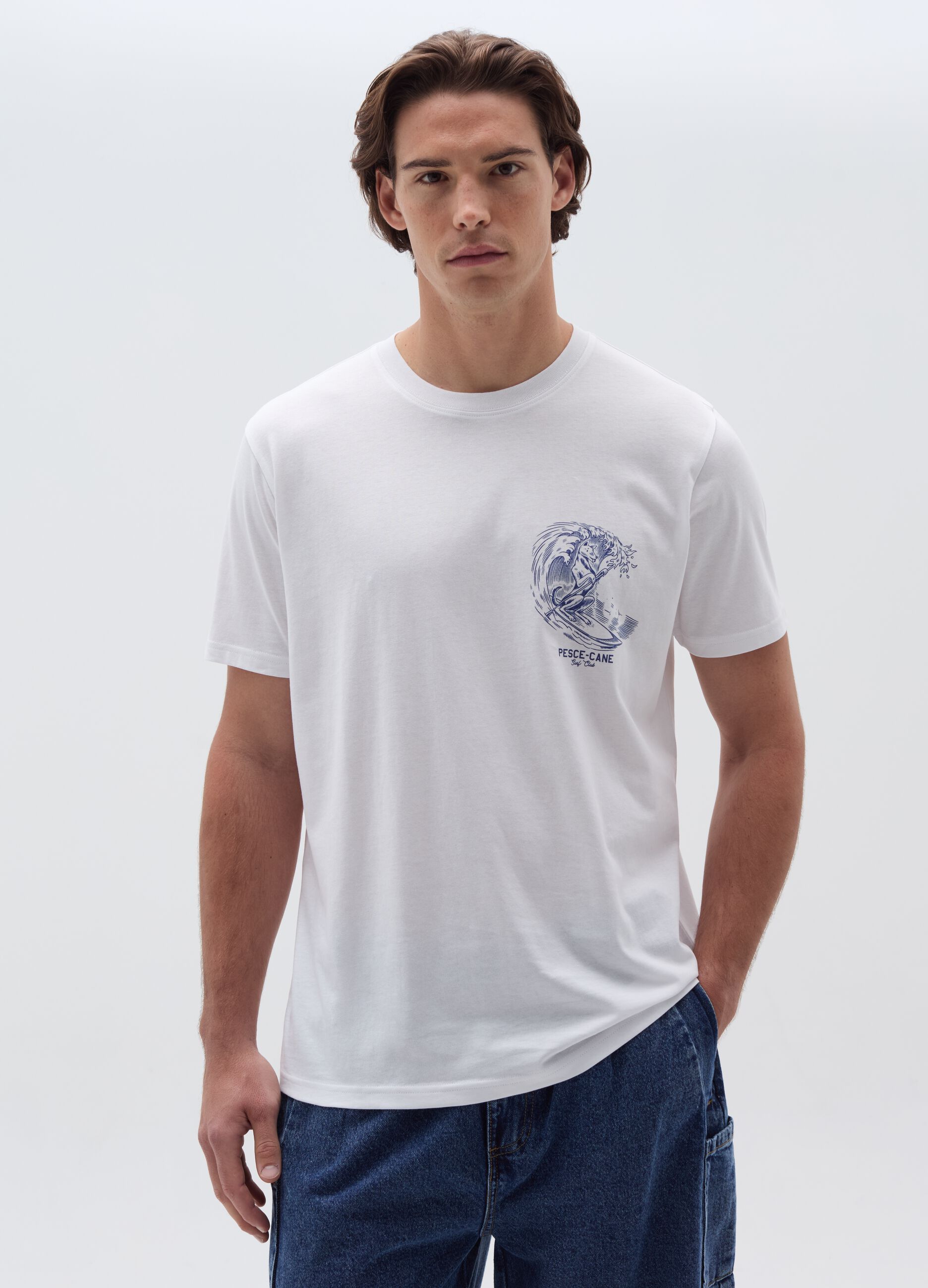Cotton T-shirt with surf motif print