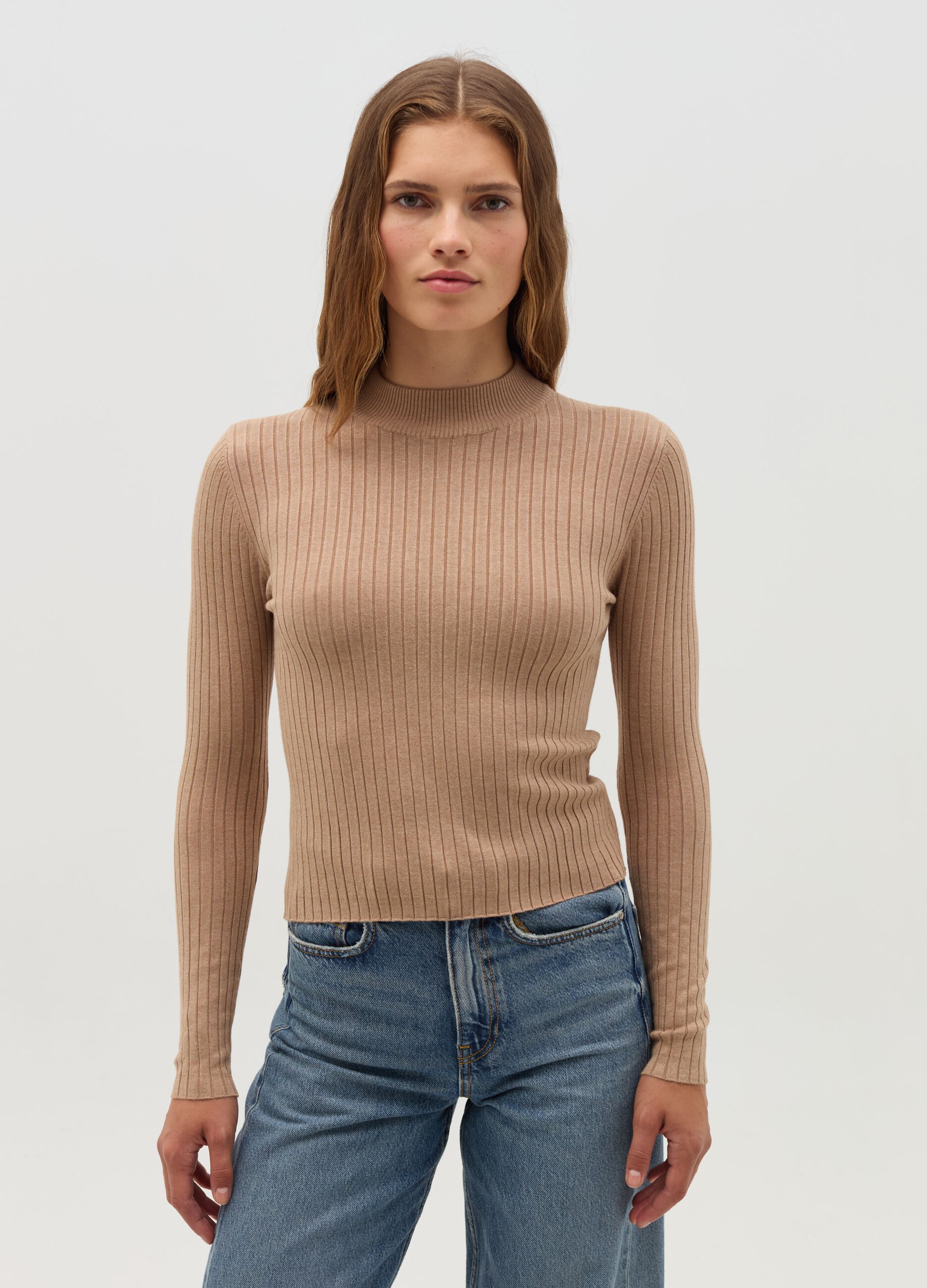 Ribbed knit pullover with mock neck