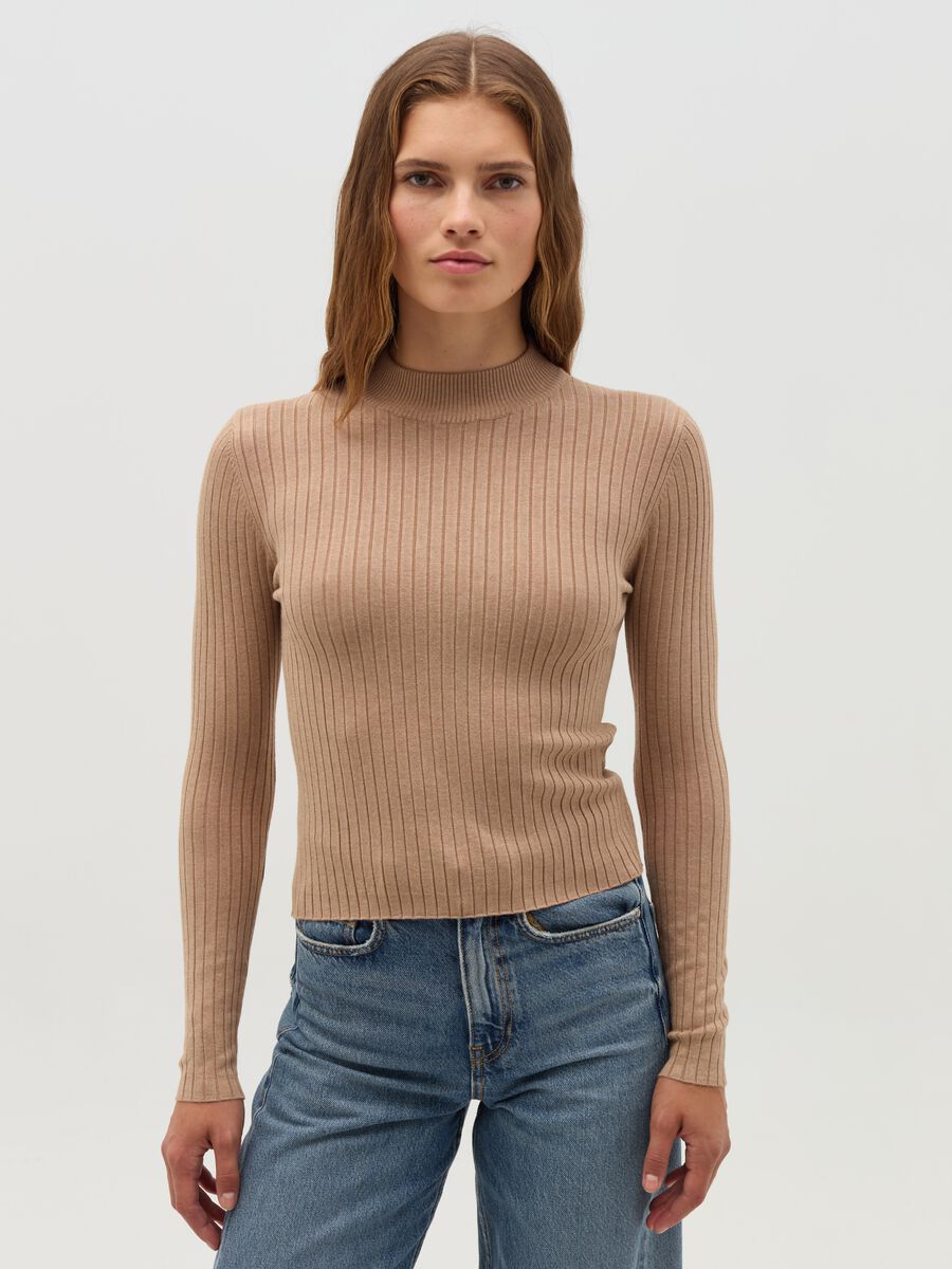 Ribbed knit pullover with mock neck_1