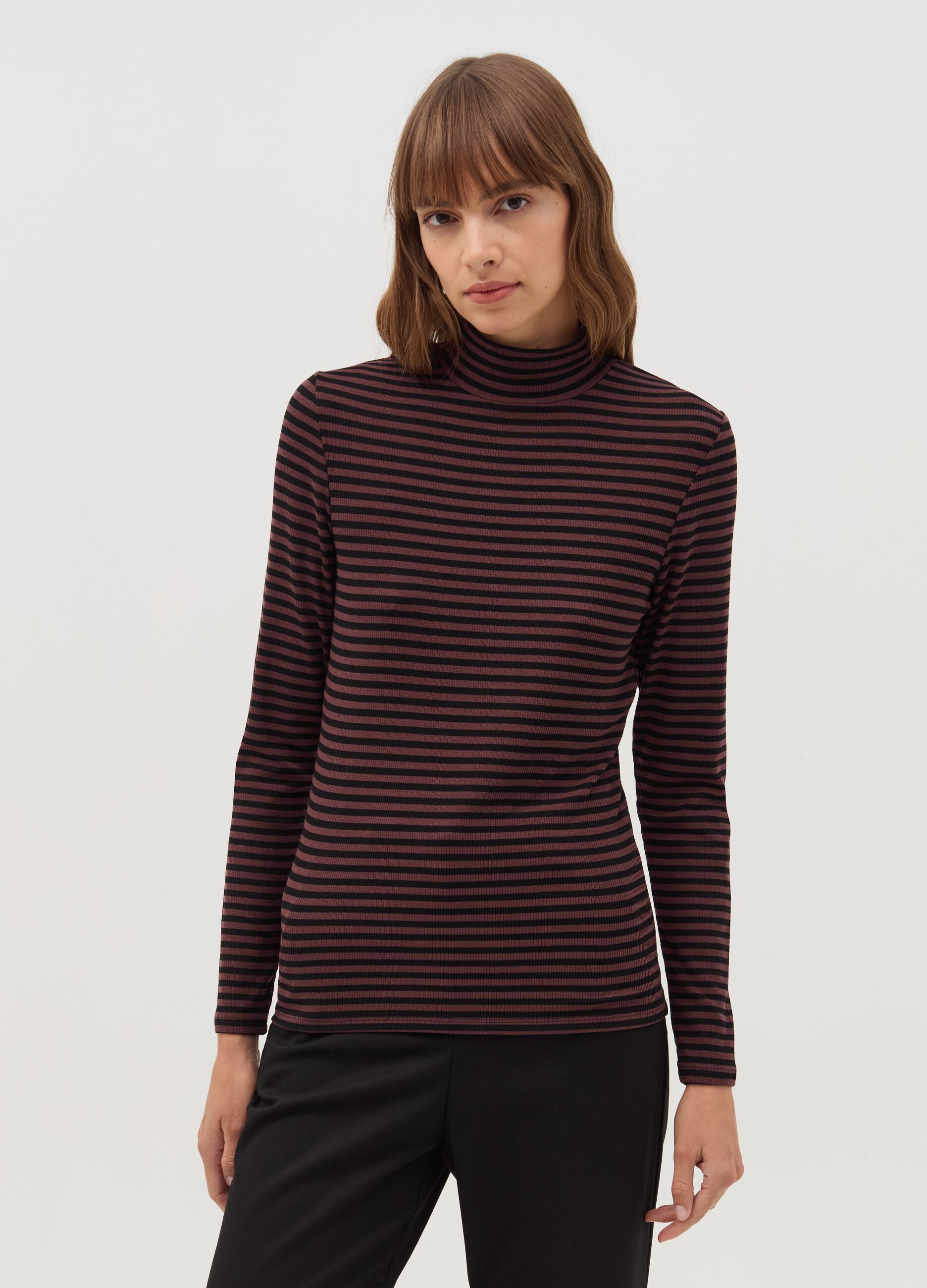 Striped T-shirt with mock neck