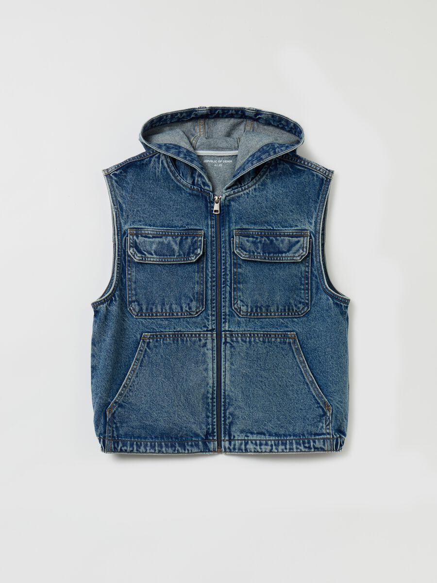 Full-zip denim gilet with hood_0