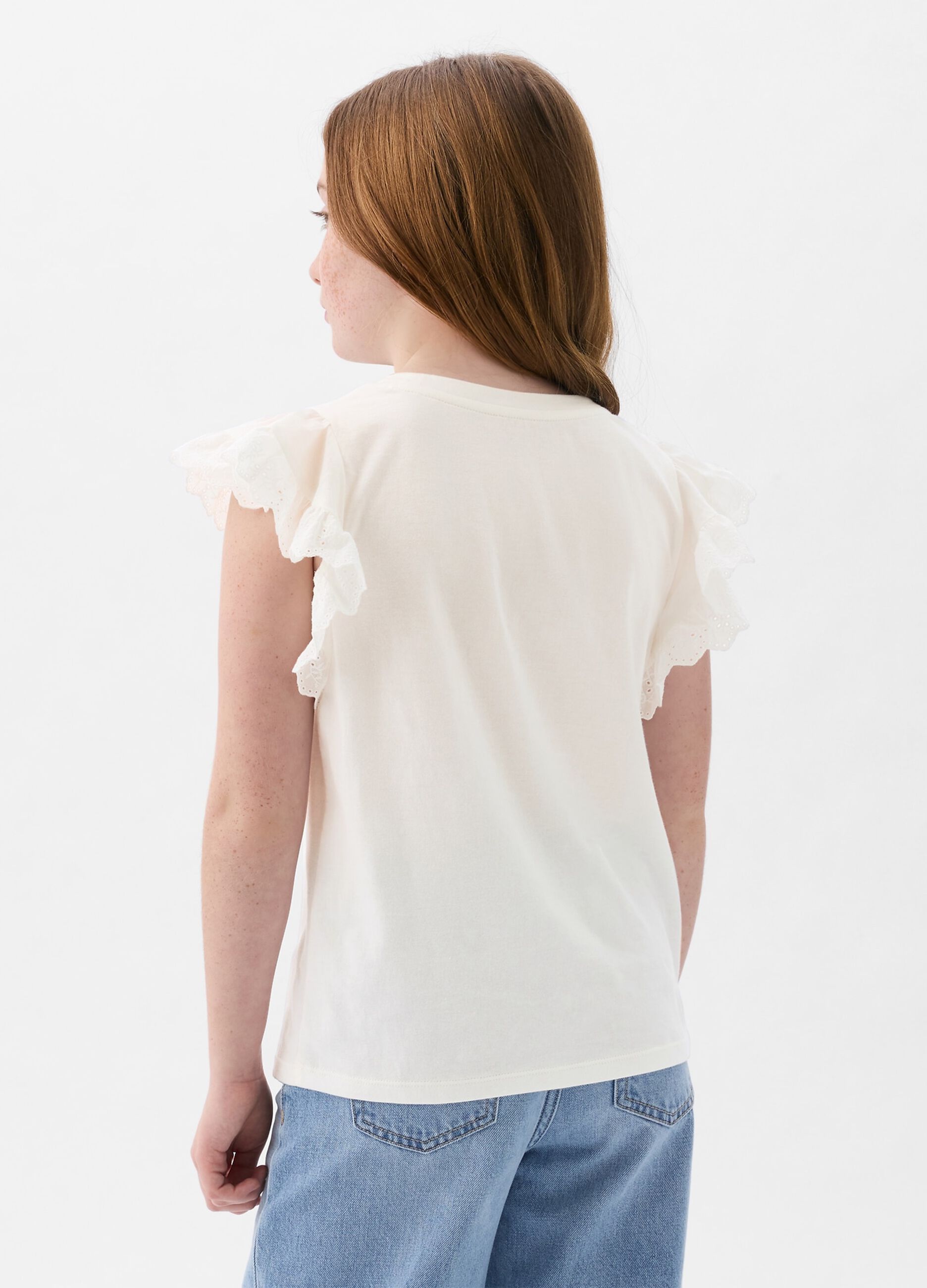 Cotton T-shirt with broderie anglaise flounces