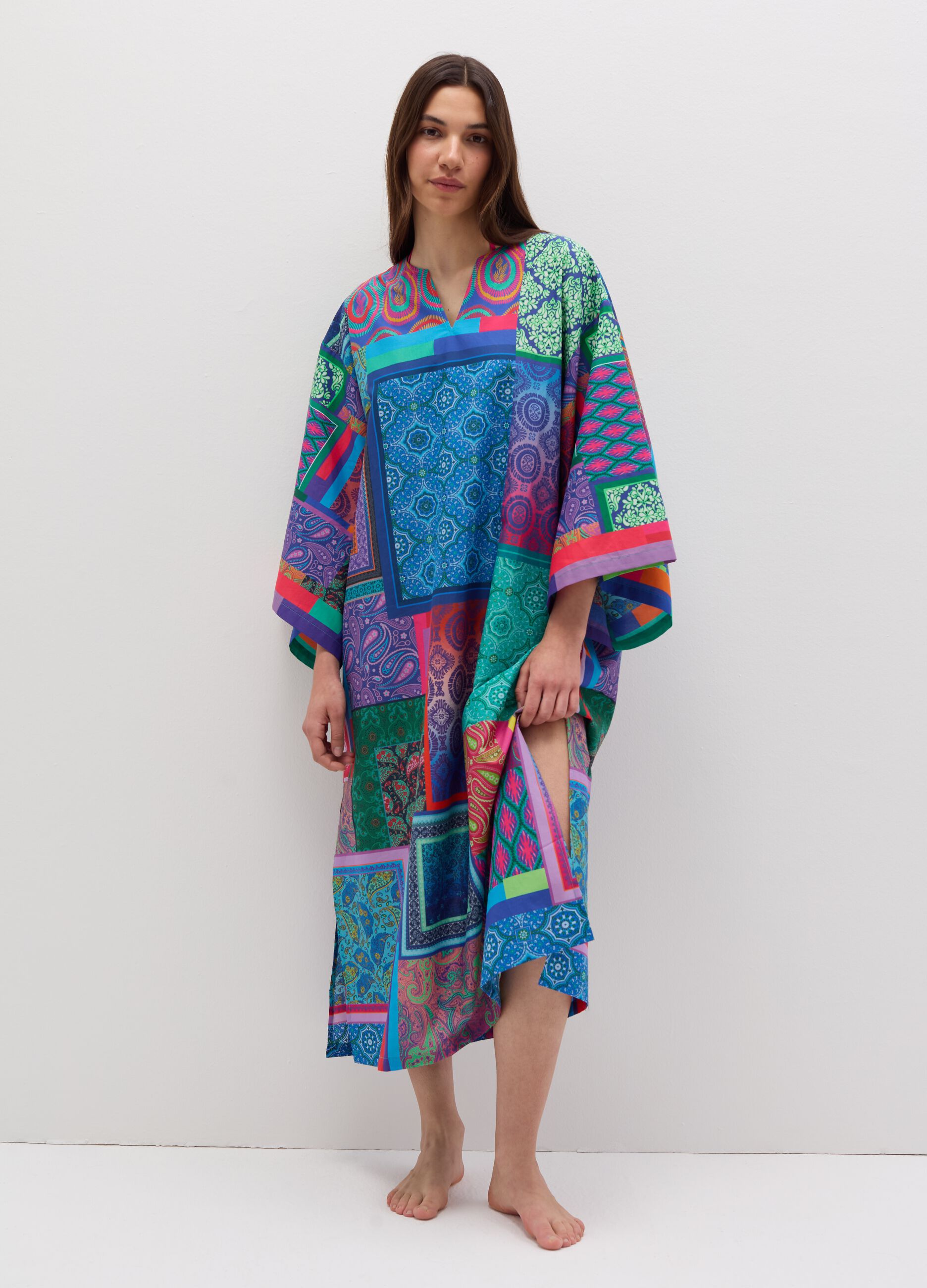 Beach cover-up poncho with ethnic print