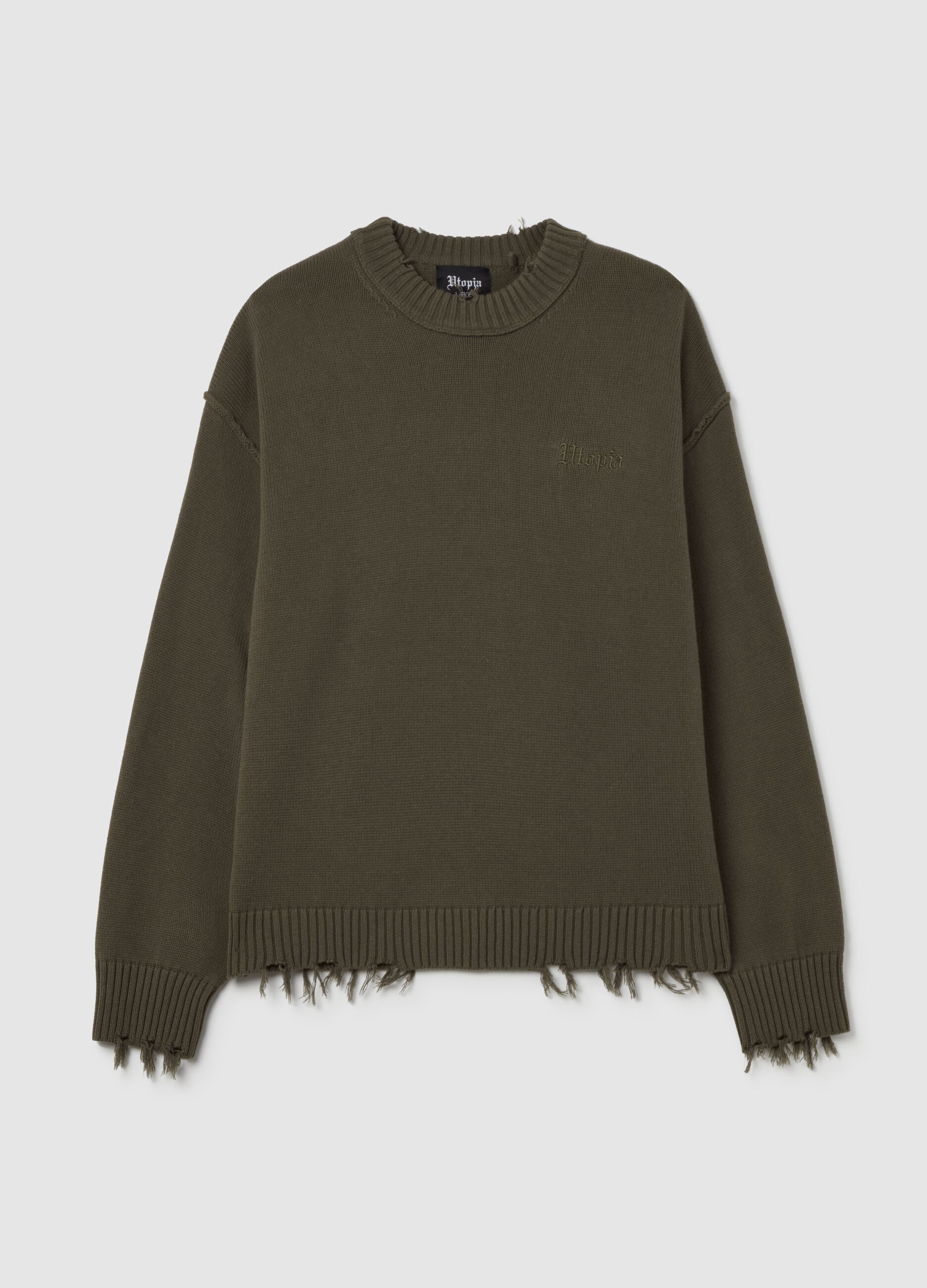 Crewneck Distressed Pullover Military Green