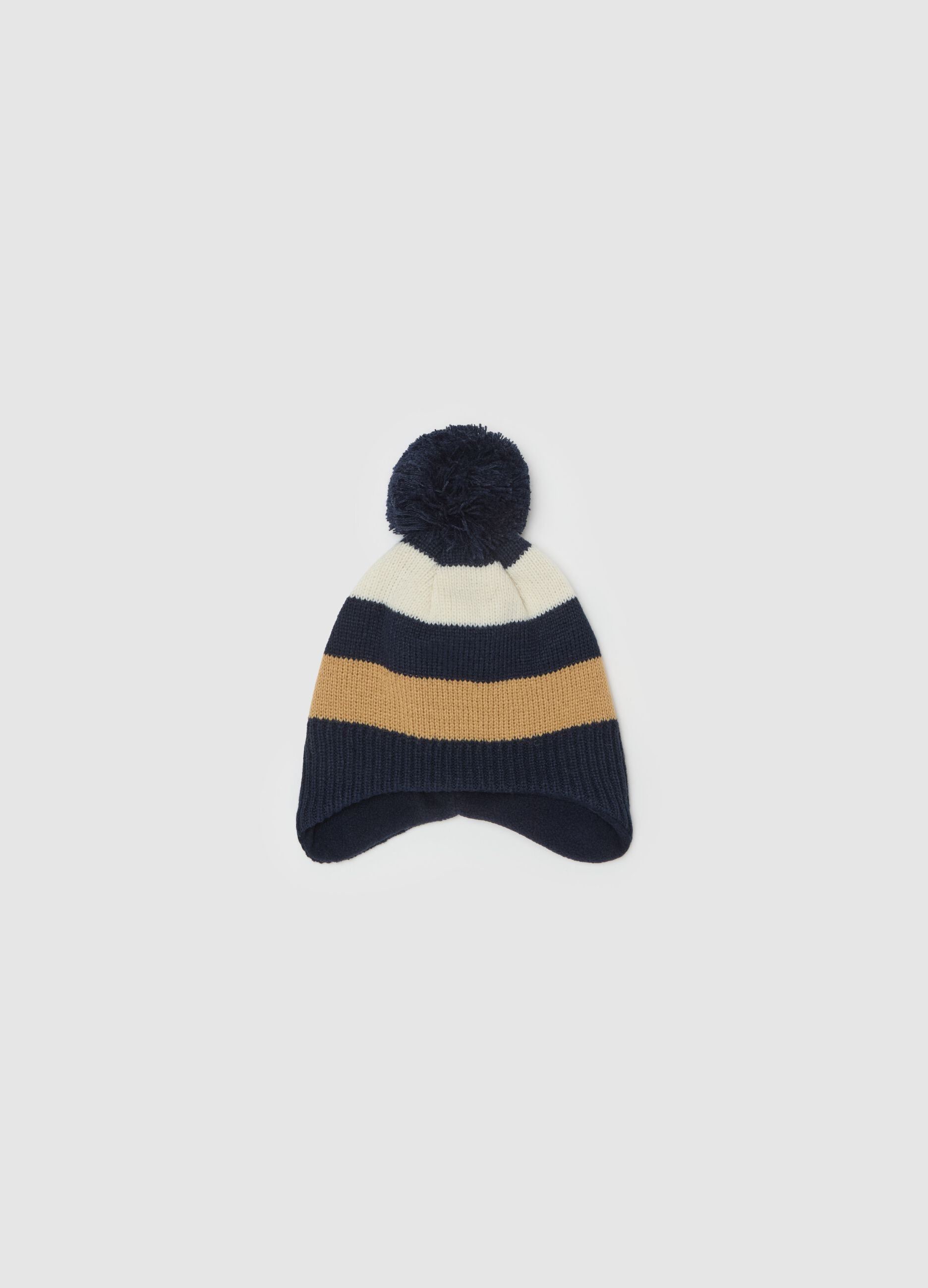 Striped hat with ear flaps and pompoms