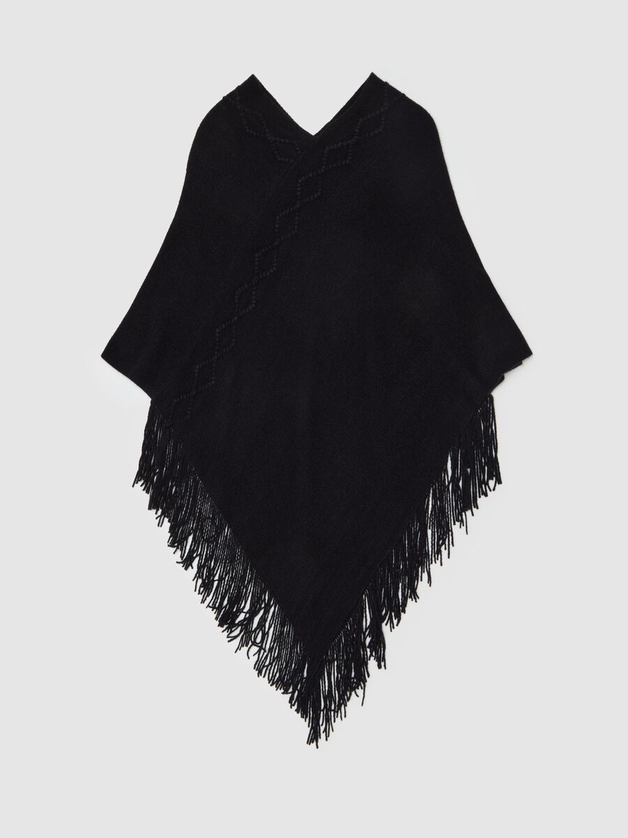 Poncho with diamond design and fringing_0