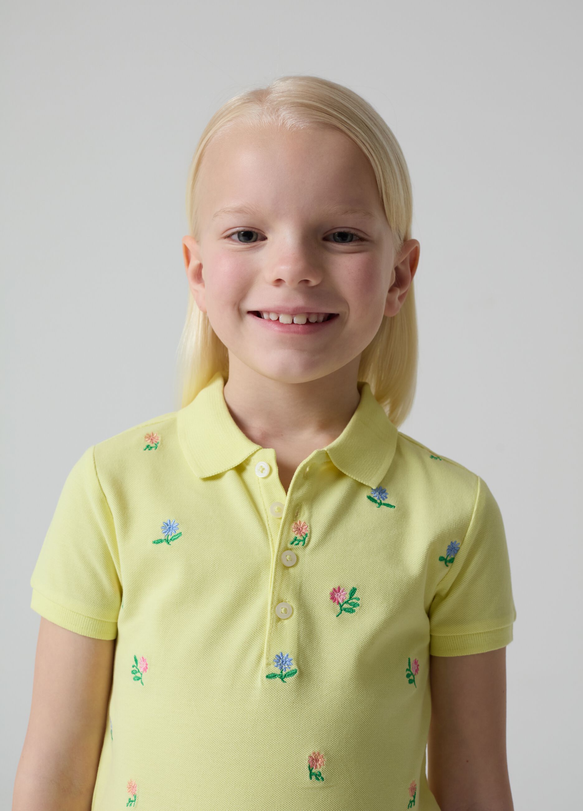 Piquet polo shirt with floral embroidery