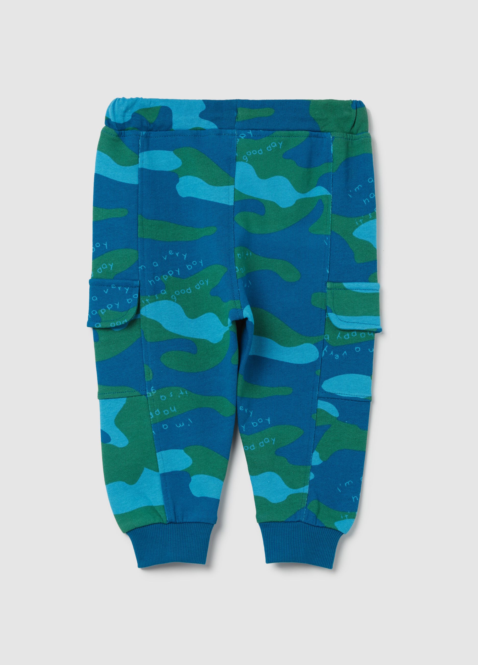 Camouflage joggers with drawstring and lettering