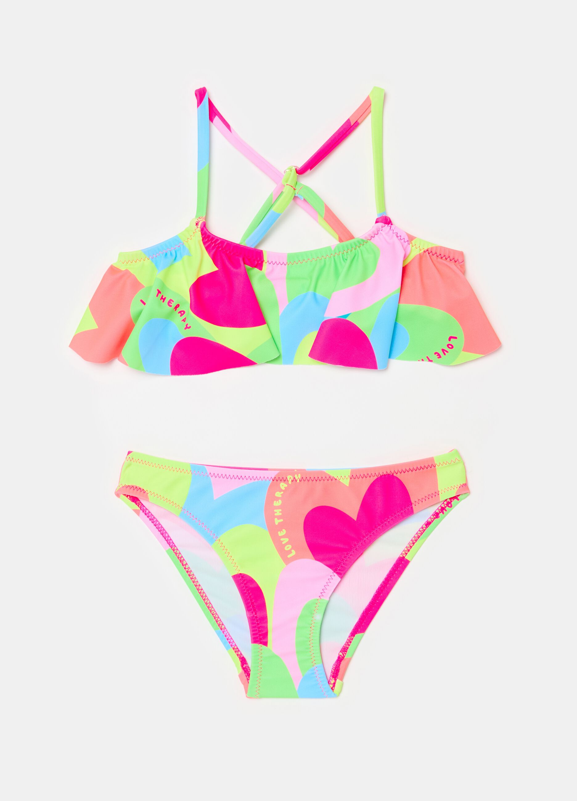 Bikini with flounce and hearts print