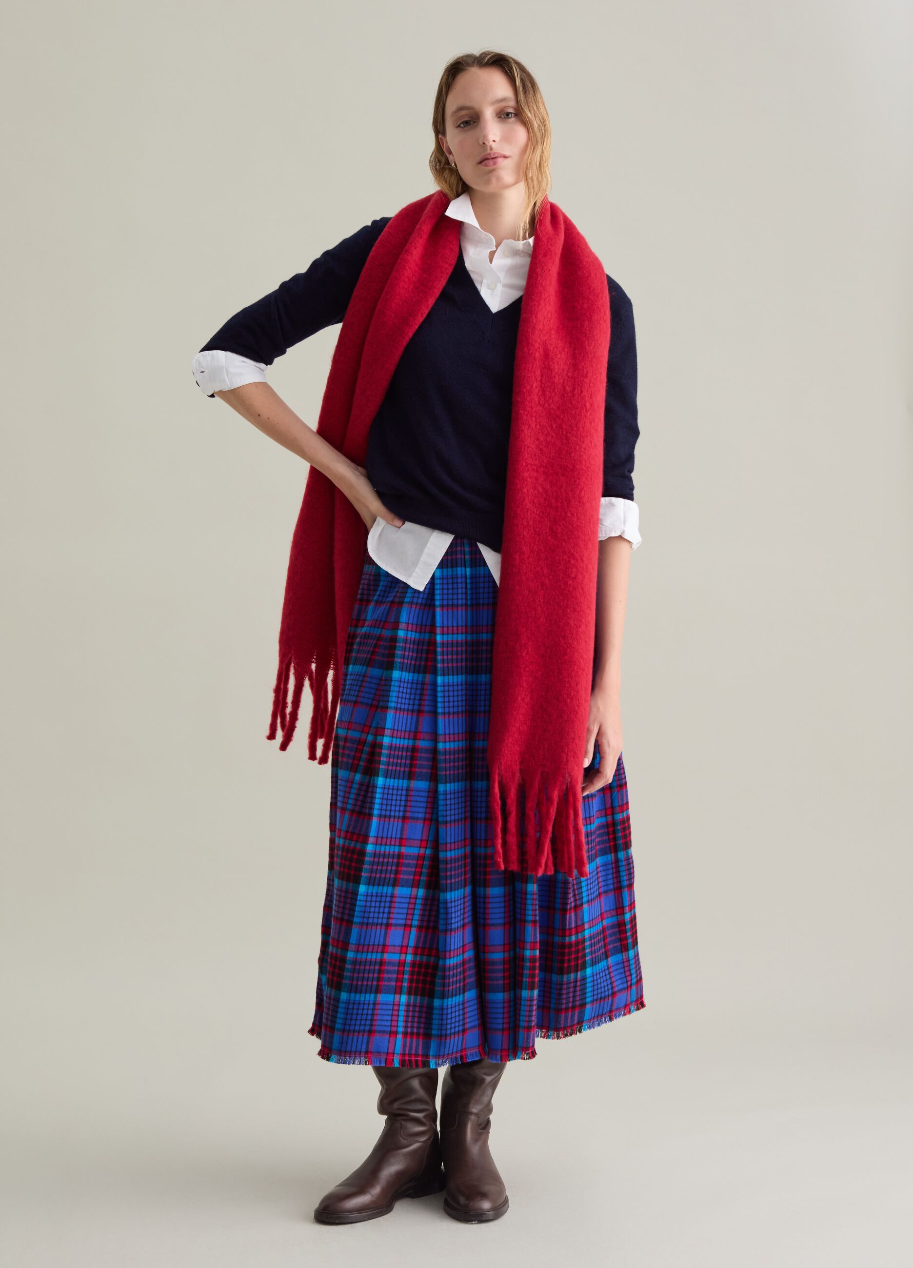 Pleated midi skirt with check pattern