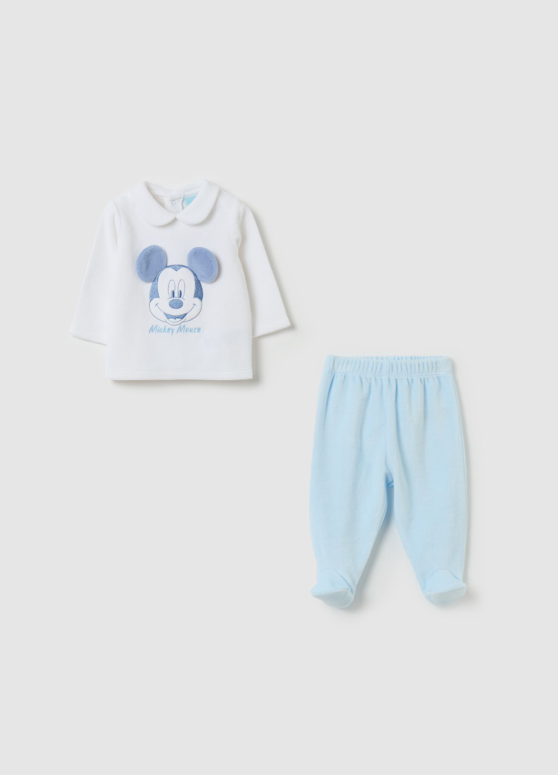 T-shirt and baby leggings set in velour with Mickey Mouse embroidery