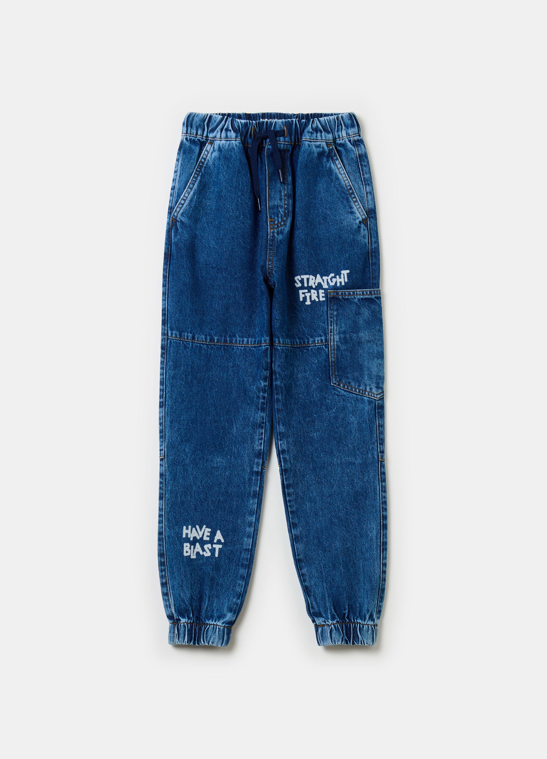 Denim joggers with drawstring and print