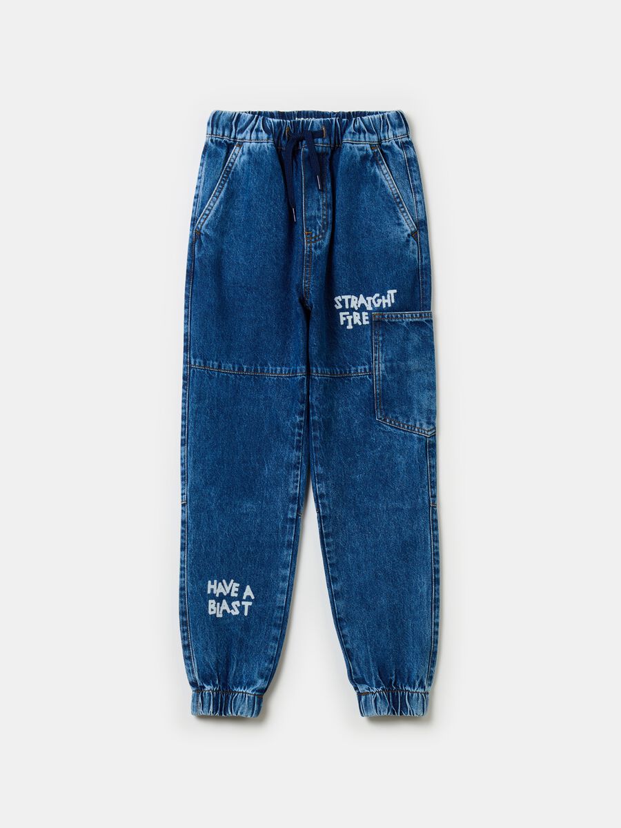 Denim joggers with drawstring and print_0