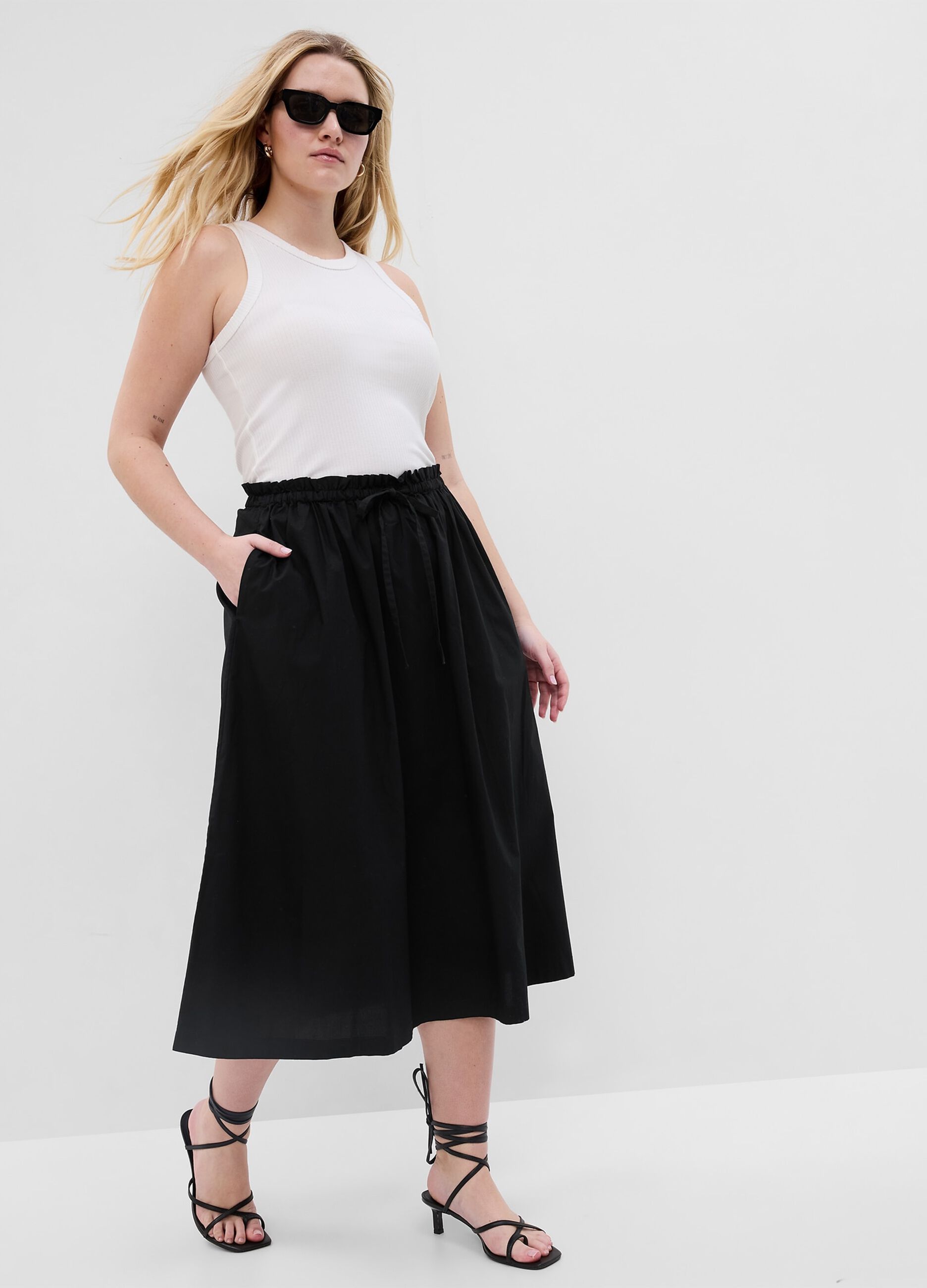 Paper bag midi skirt with drawstring