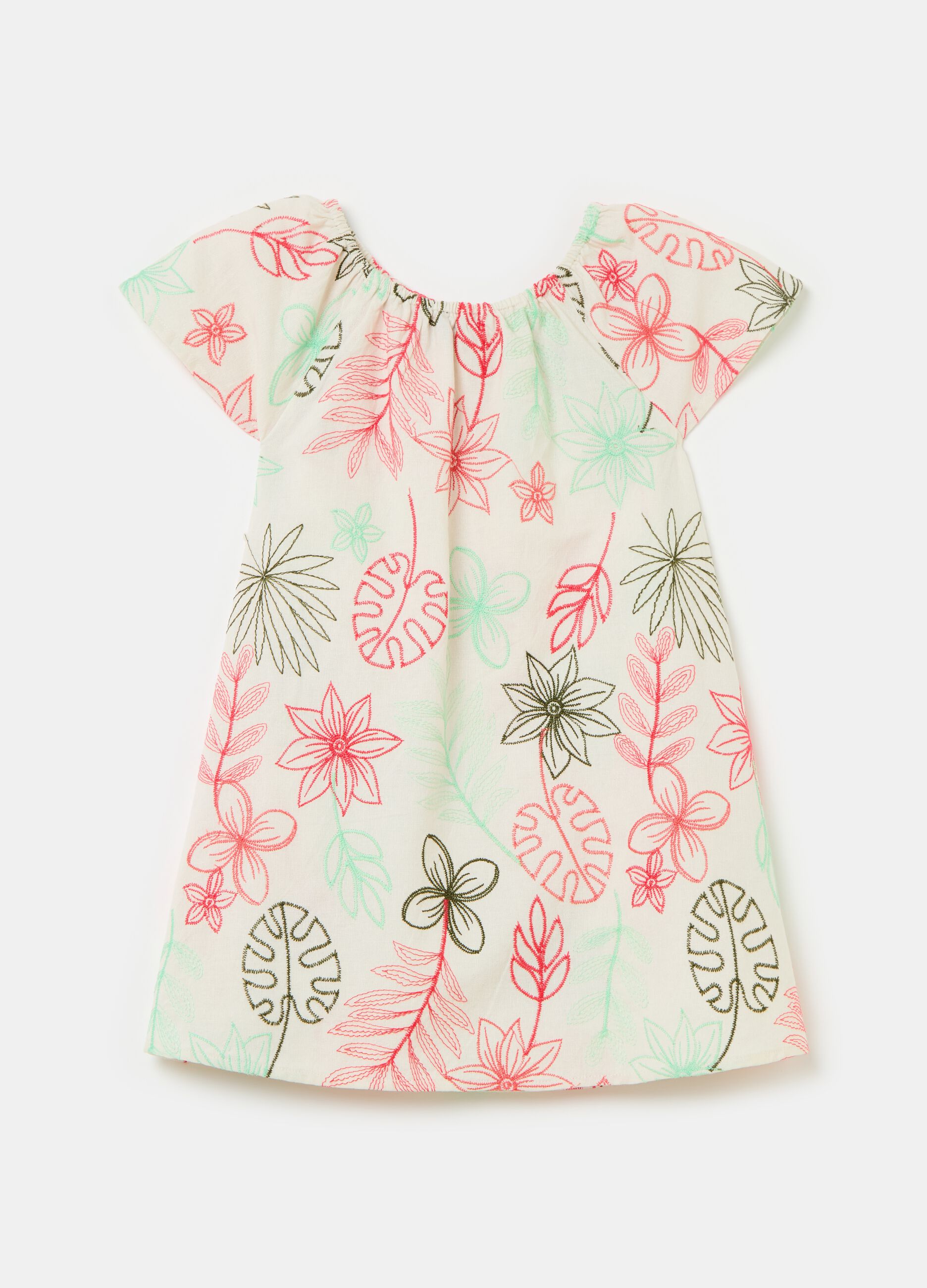 Cotton and linen dress with floral embroidery