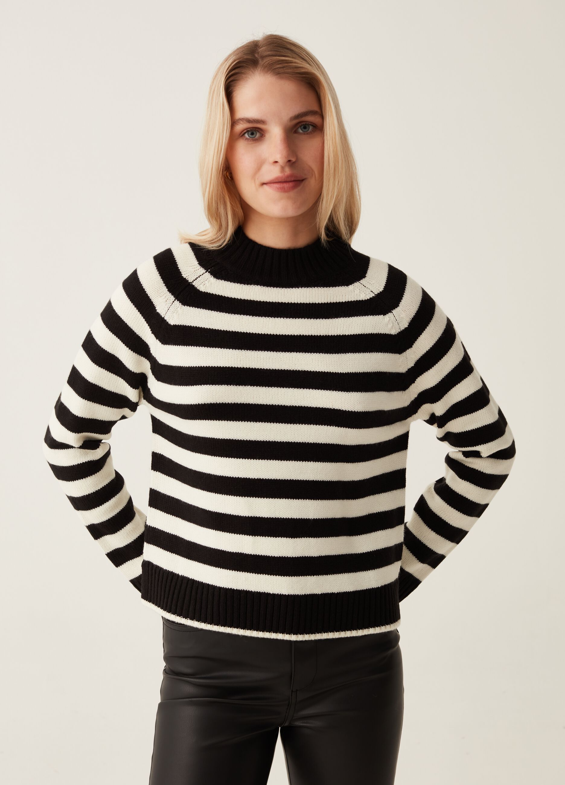 Striped pullover with mock neck