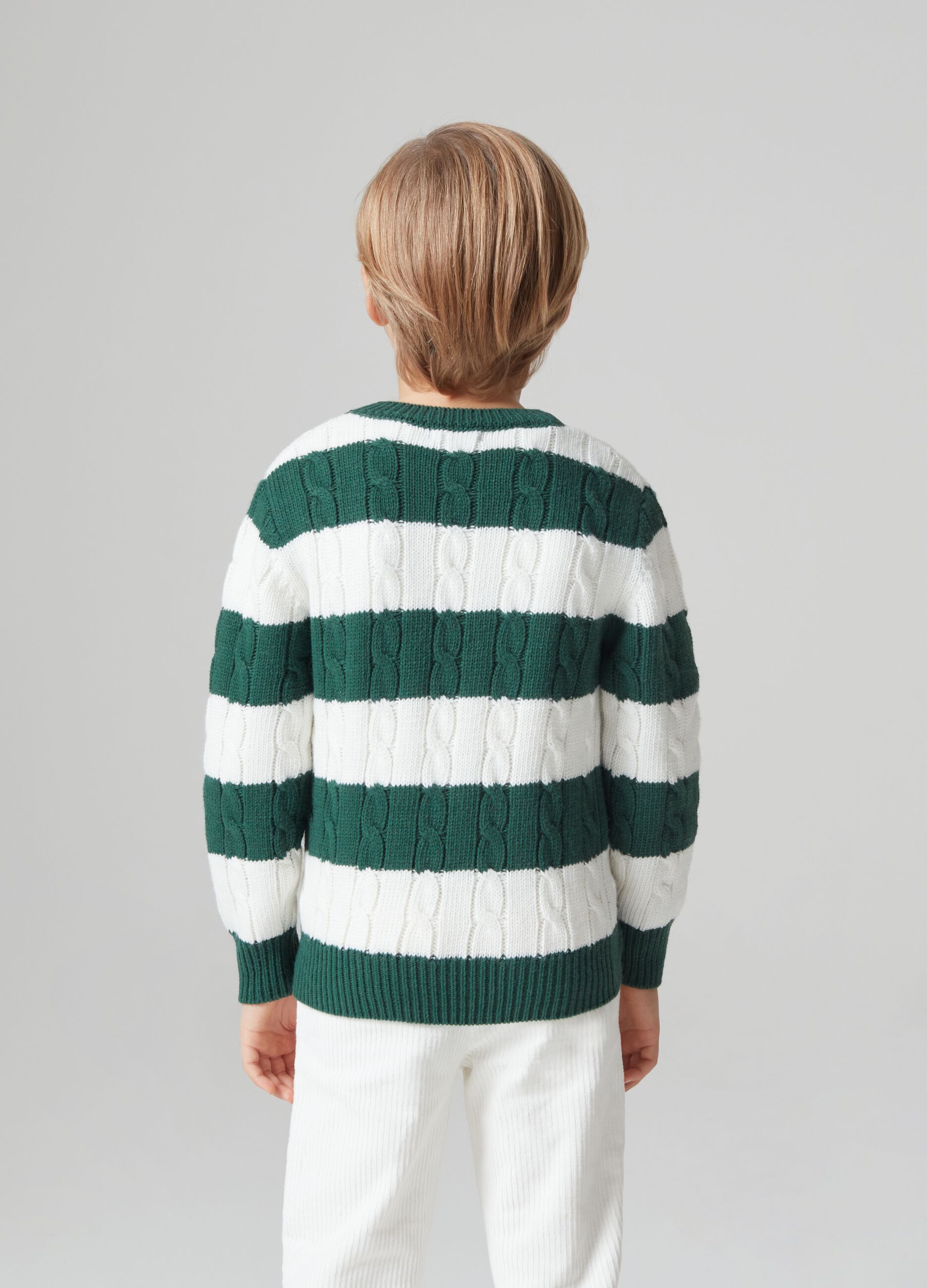 Striped pullover with cable-knit design