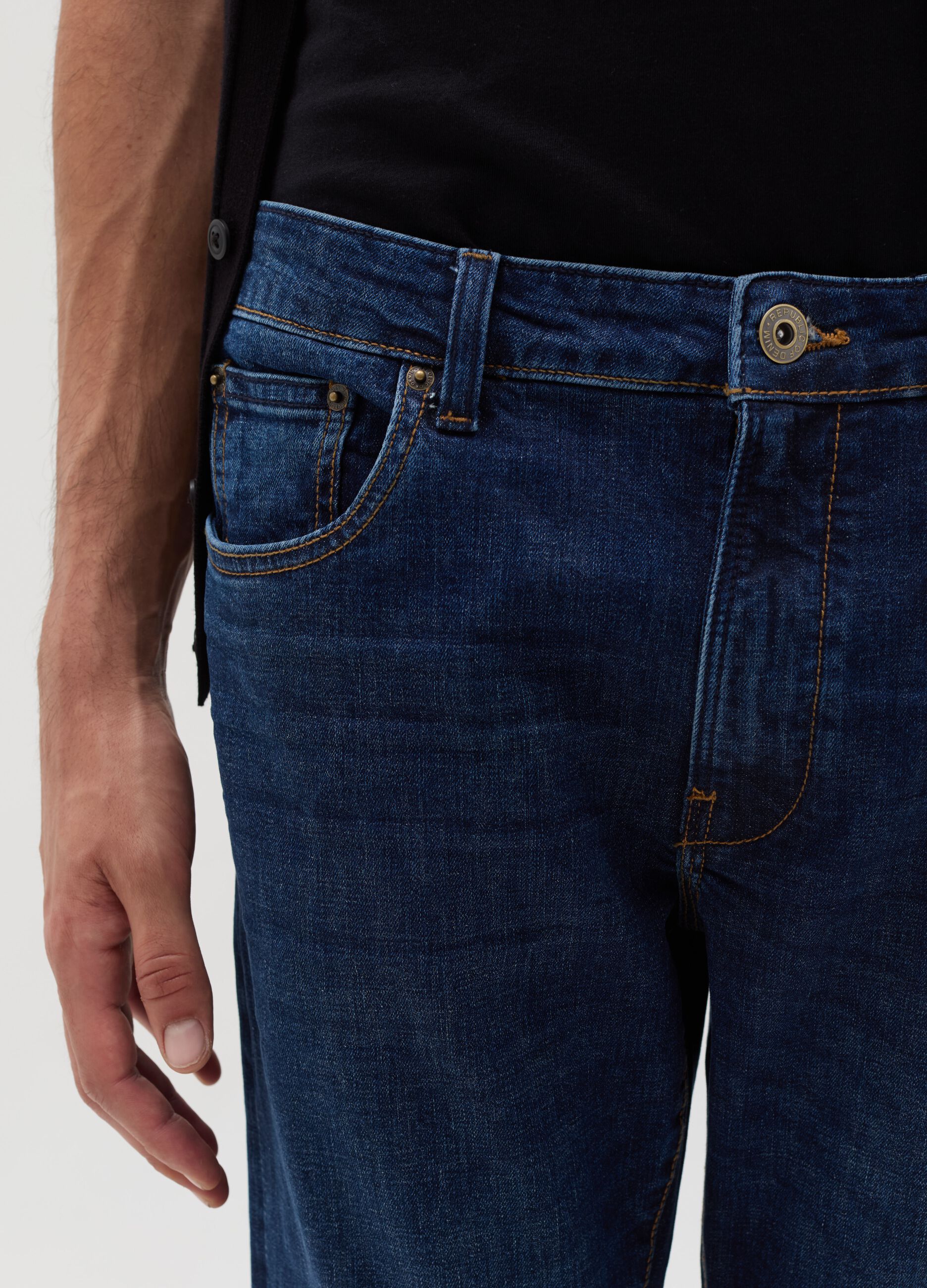 Slim-fit cross-hatch cotton jeans