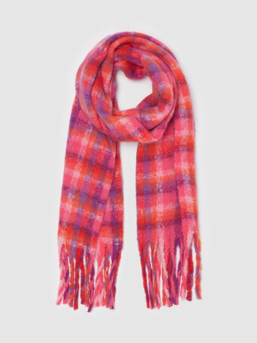 Chequered print scarf with fringe_0