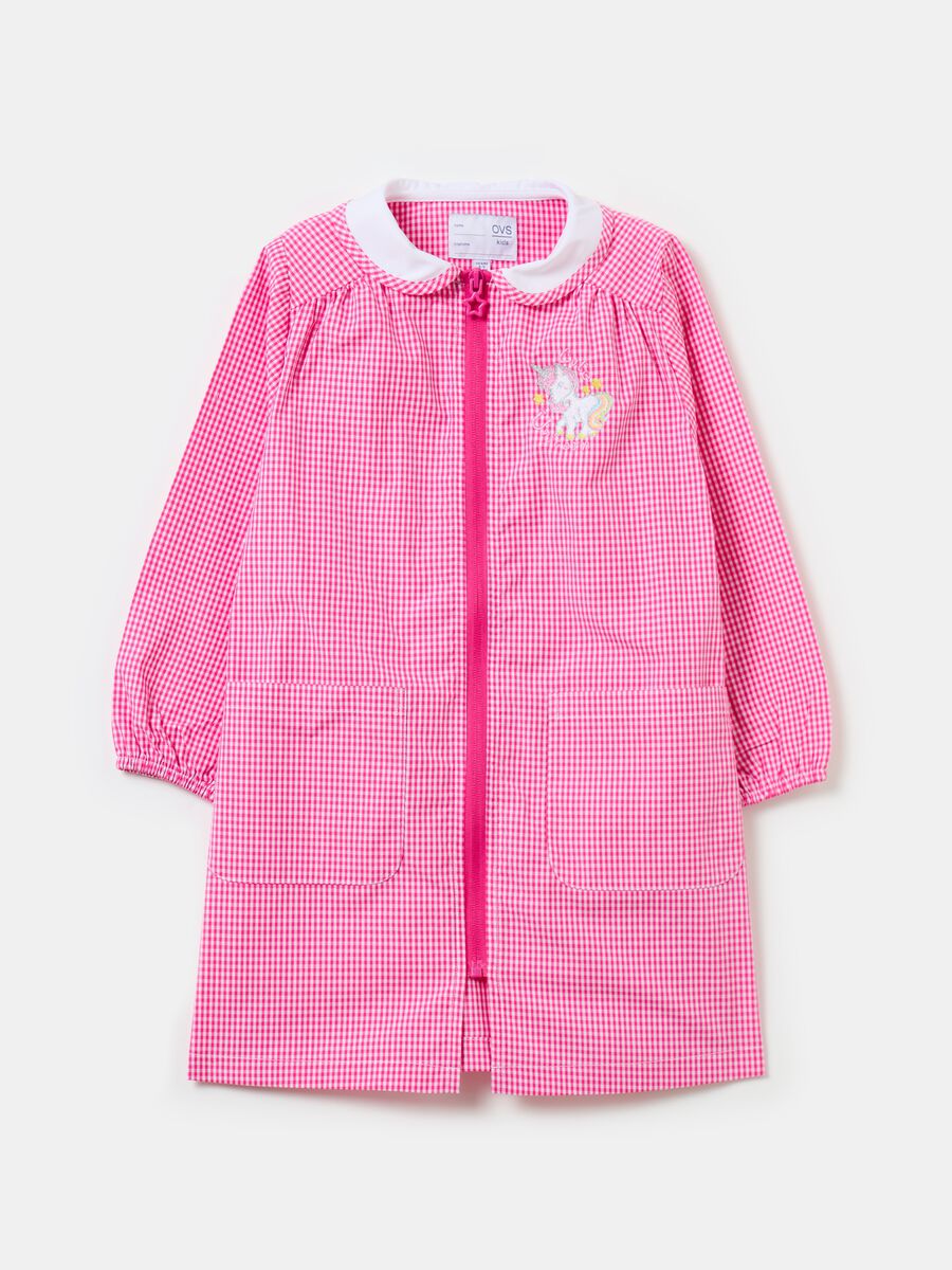 Gingham school smock with zip and embroidery_0