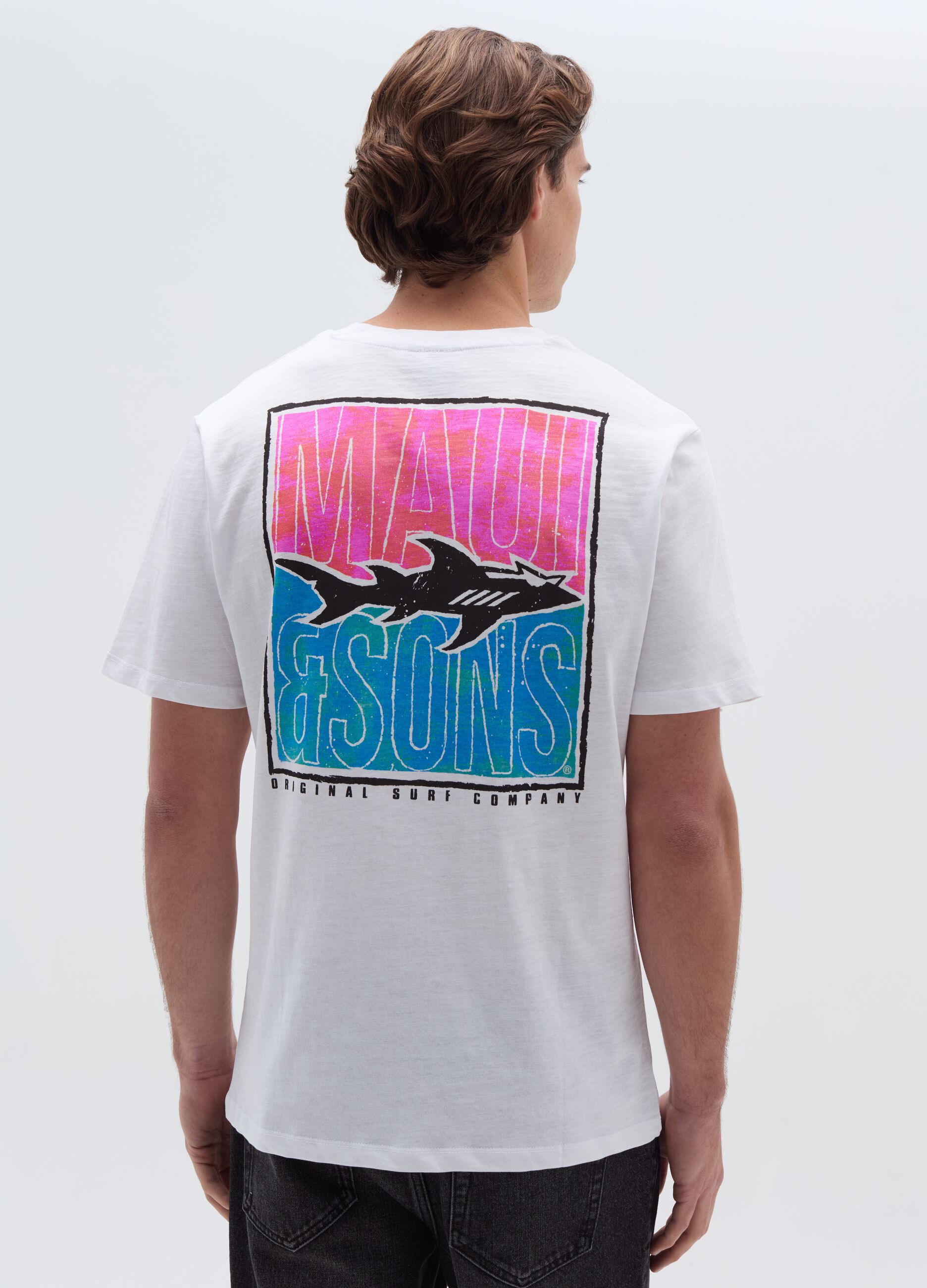 T-shirt in slub jersey stampa logo con squalo