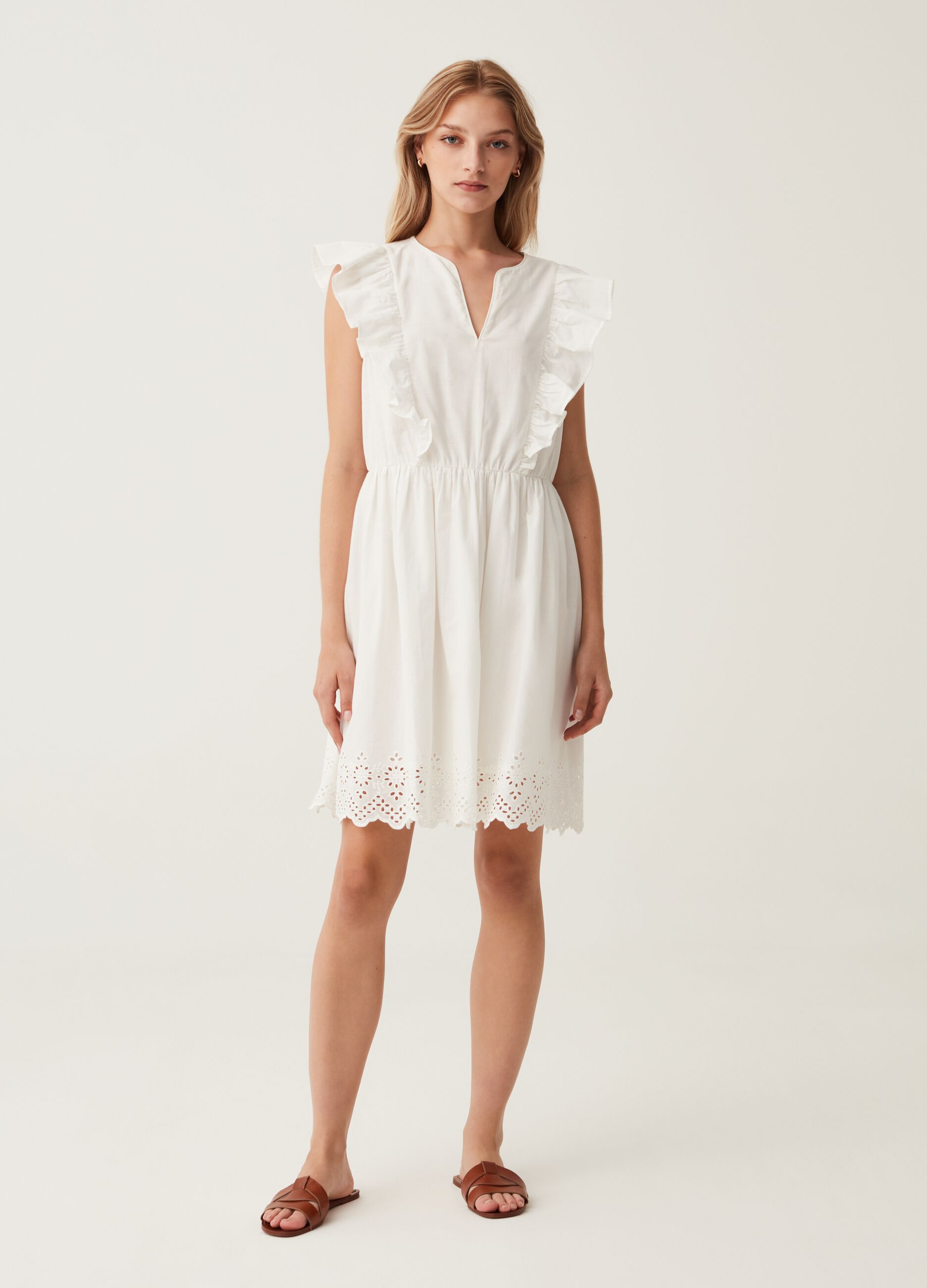 Short dress with broderie anglaise edging