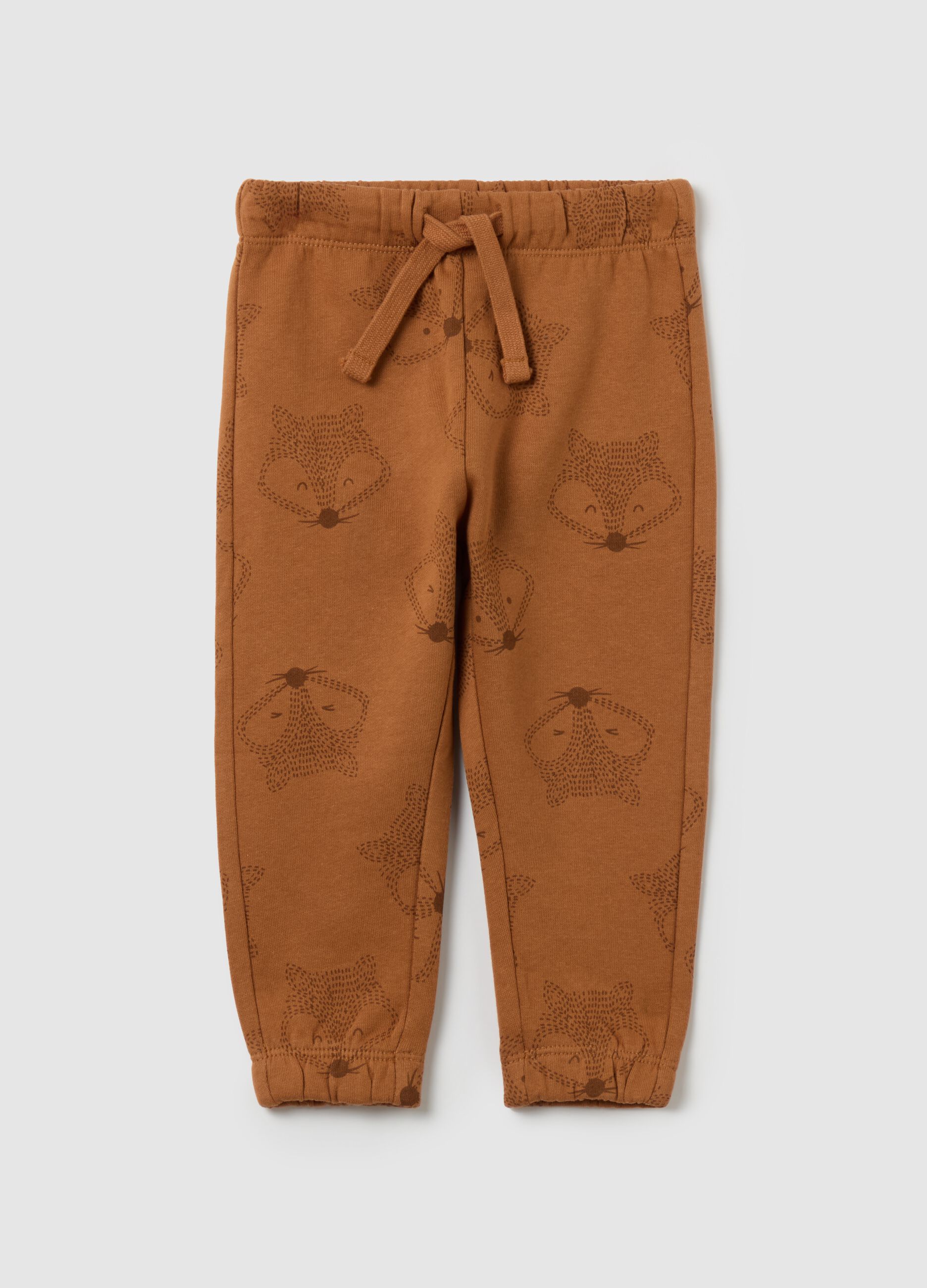 Fleece joggers with drawstring and foxes print