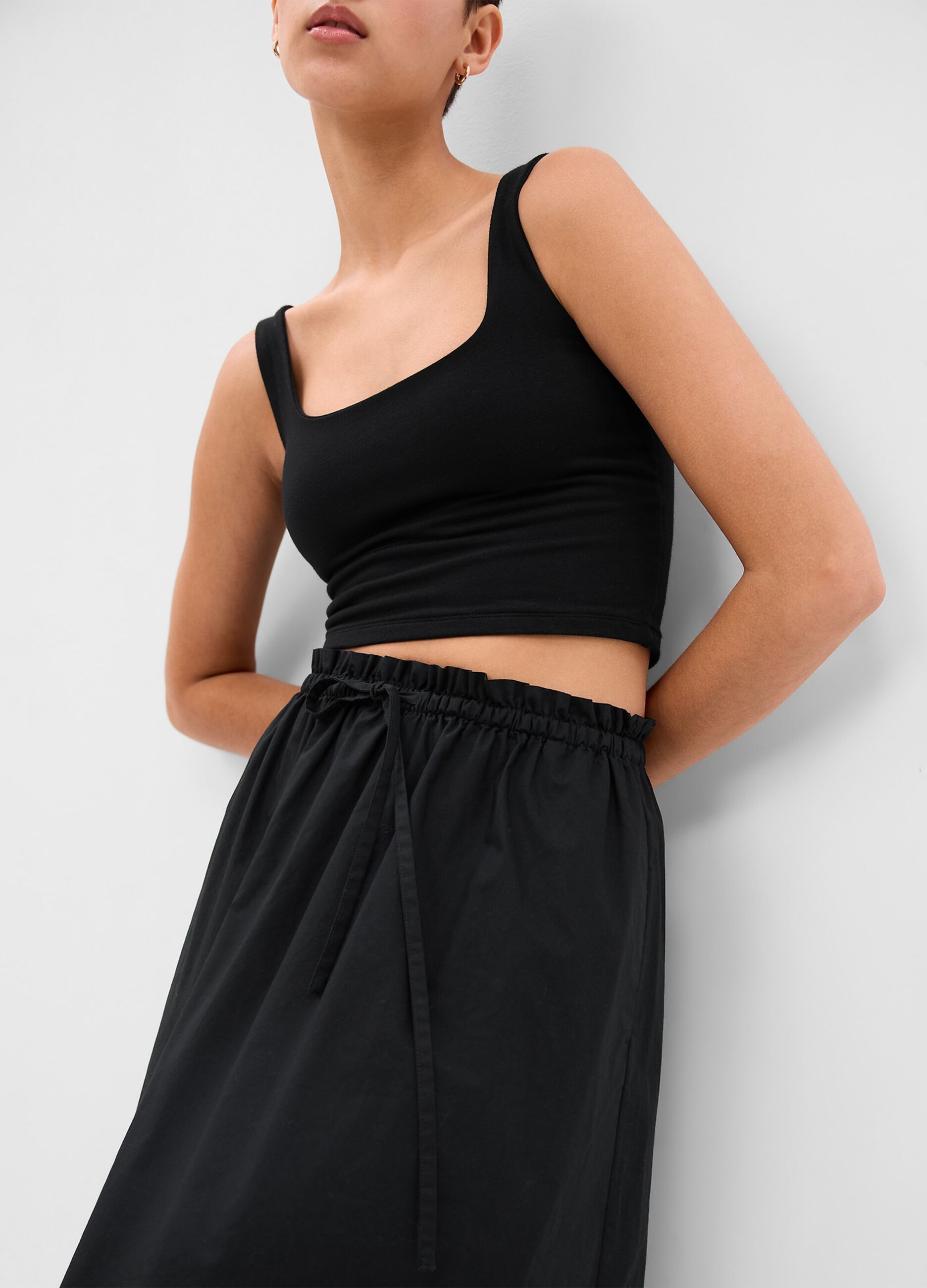 Paper bag midi skirt with drawstring