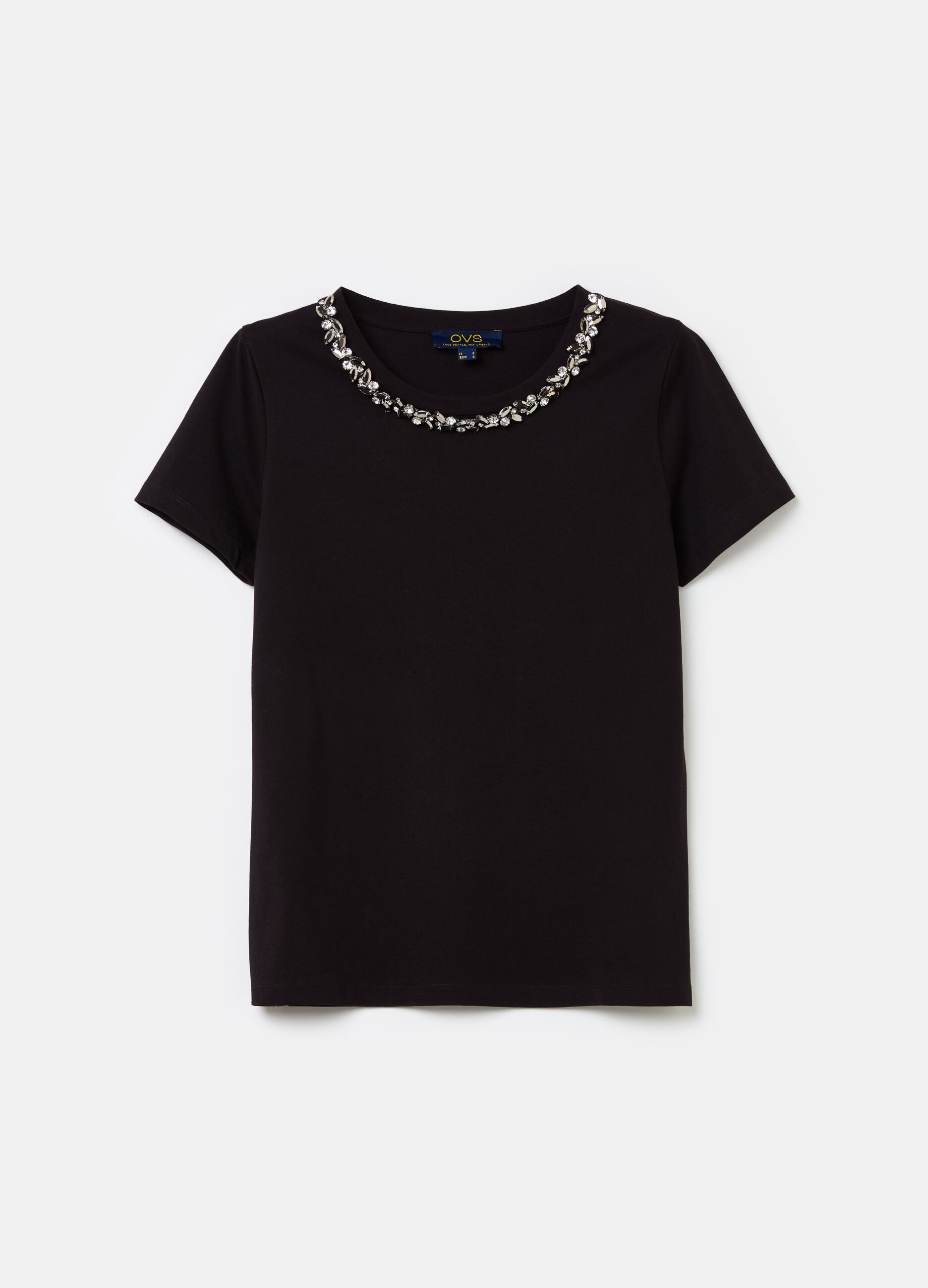 T-shirt with round neck and jewel applications