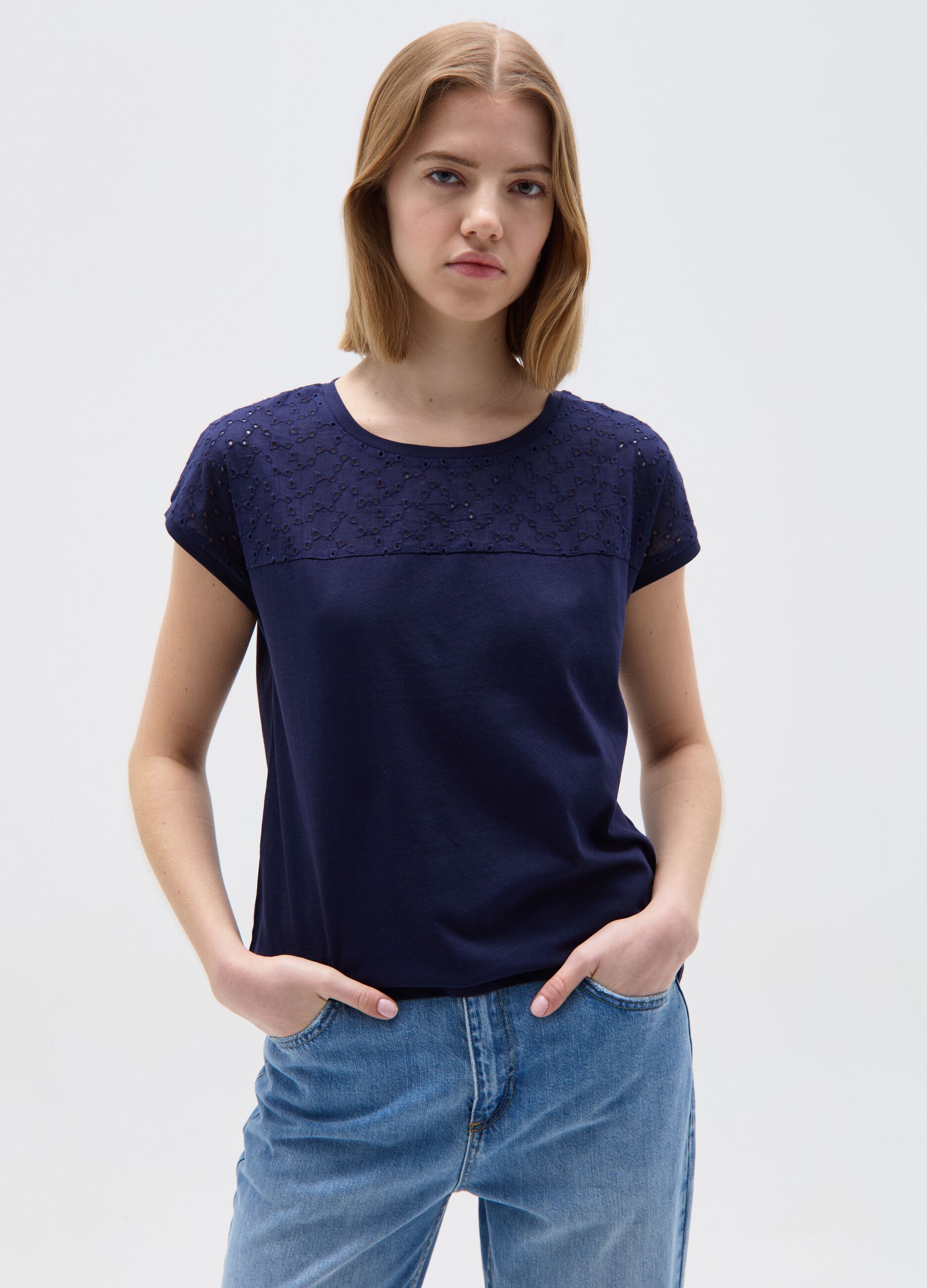 Cotton T-shirt with broderie anglaise