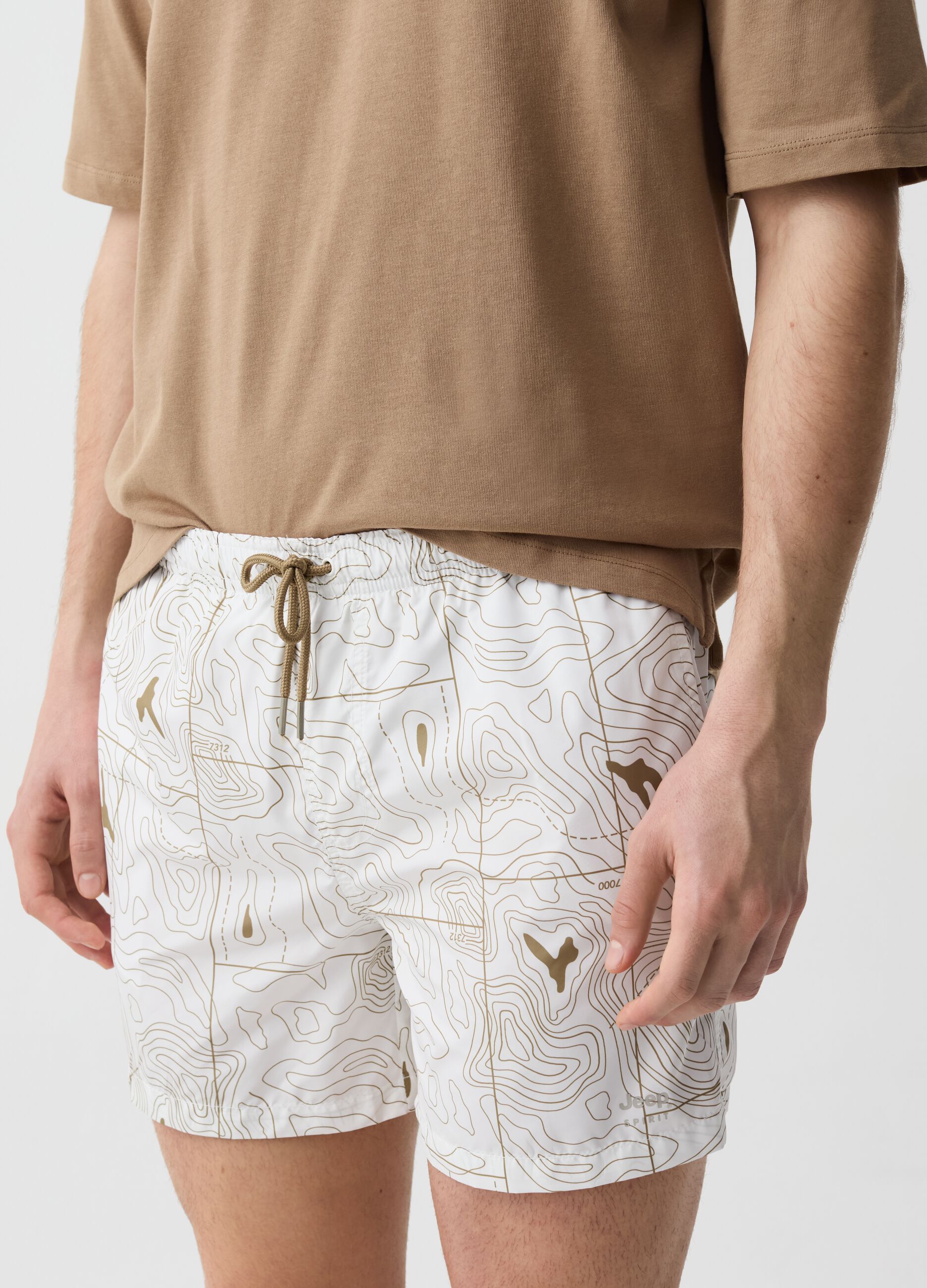 Cotton swimming shorts with patterned drawstring