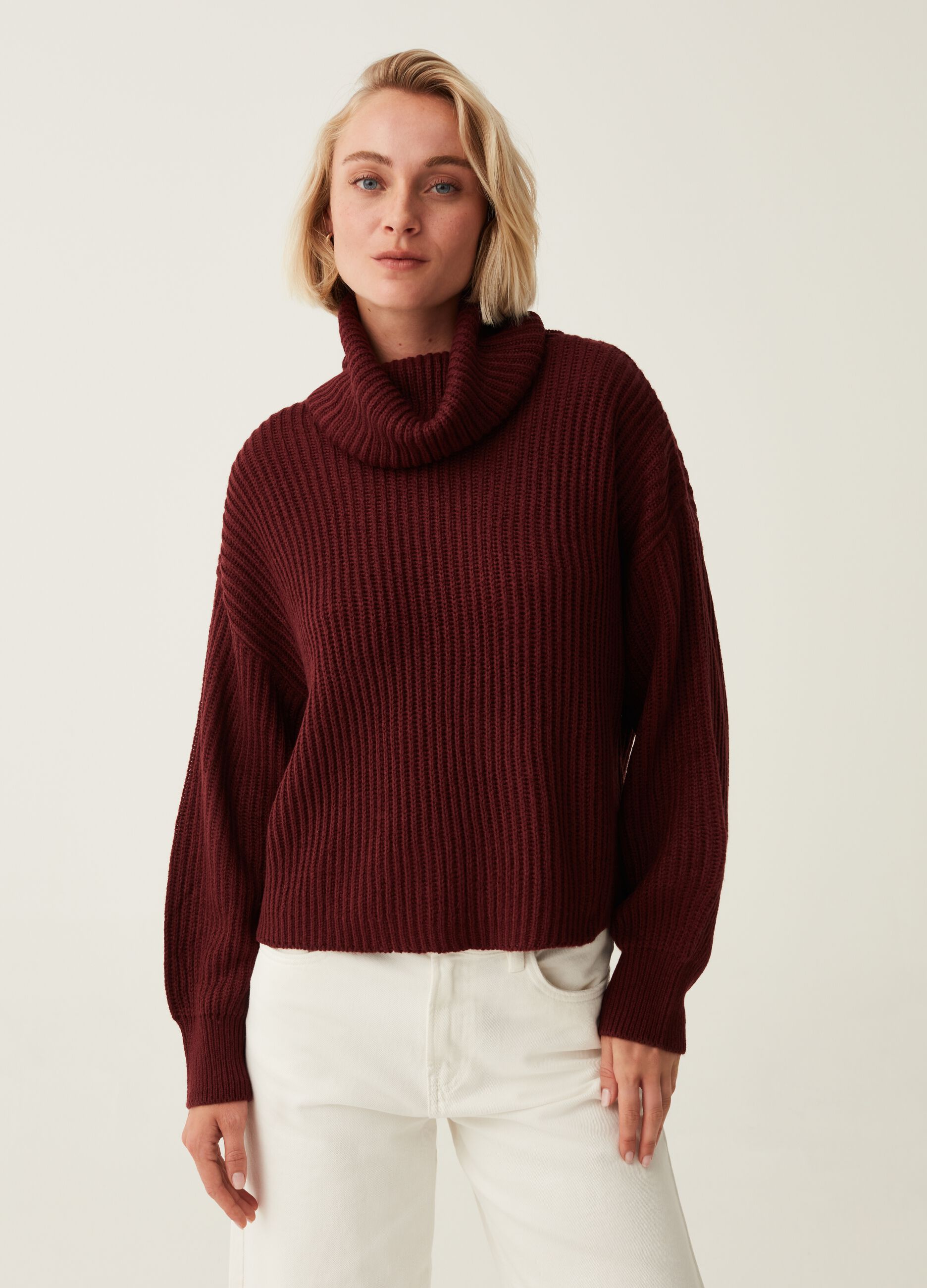 Ribbed pullover with high ring neck