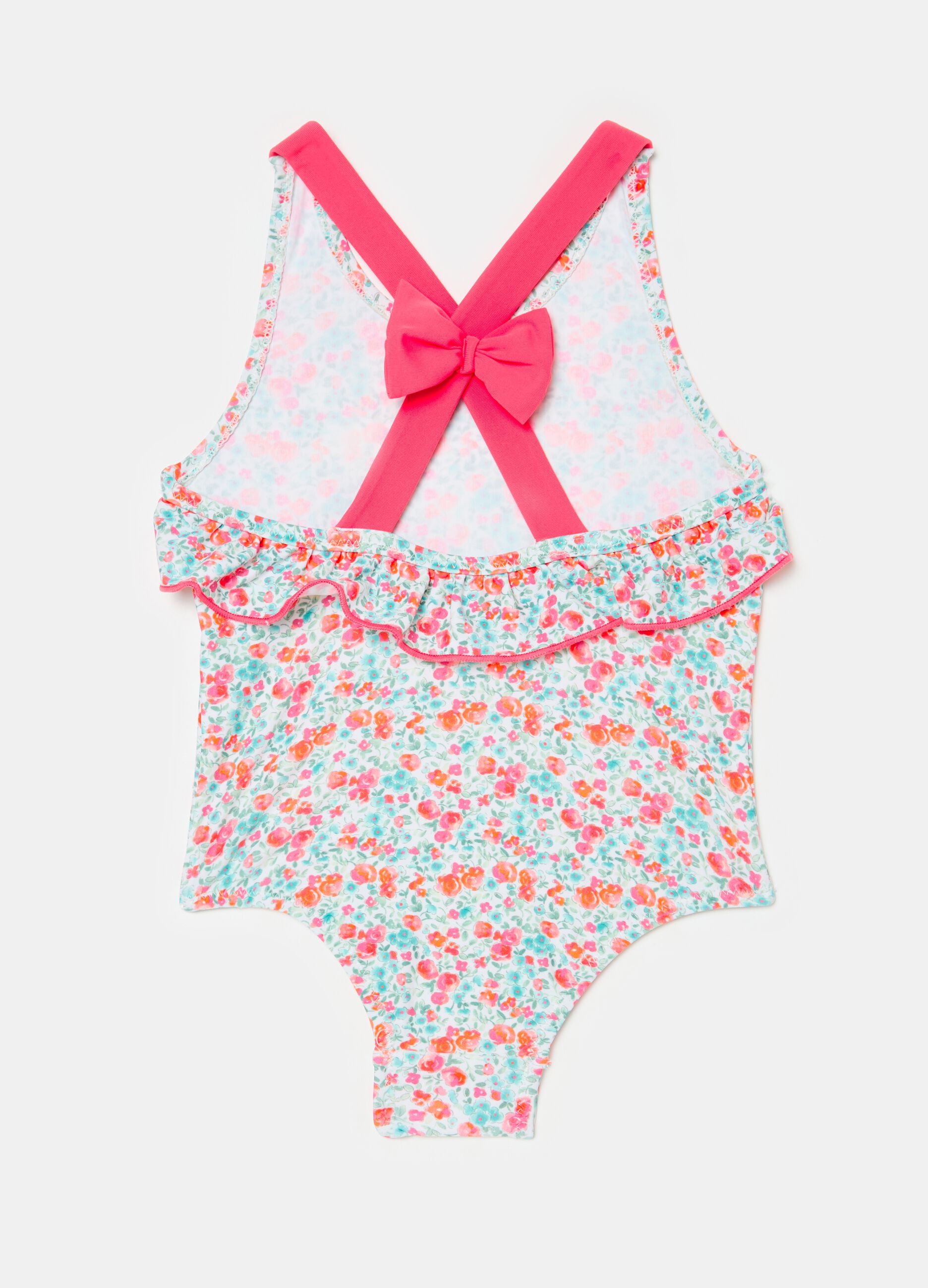 One-piece swimsuit with floral pattern and bow