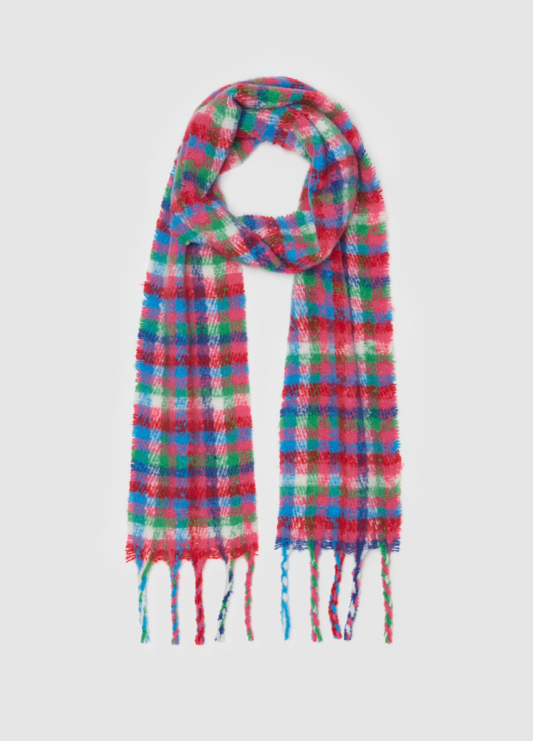 Multicoloured check scarf with fringing