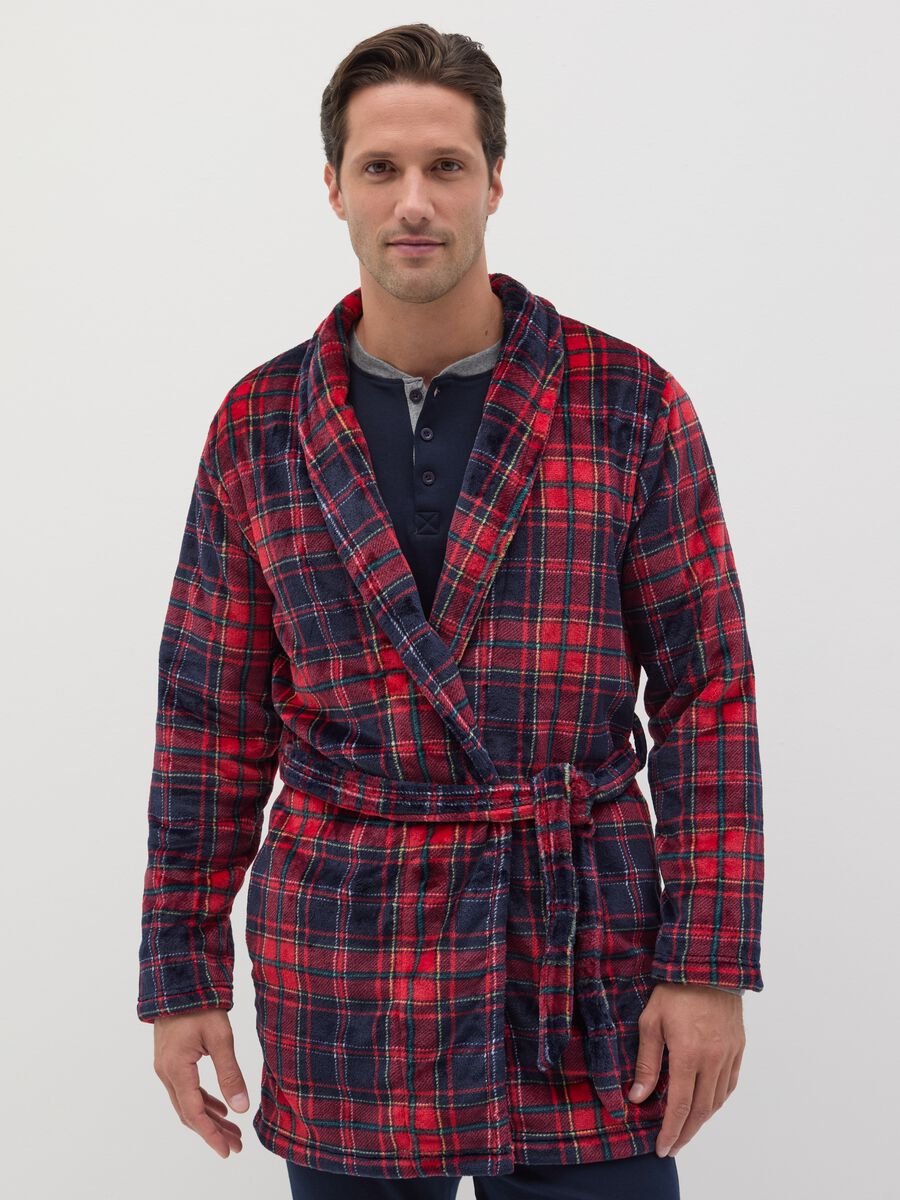 Long dressing gown in fleece with tartan pattern_1