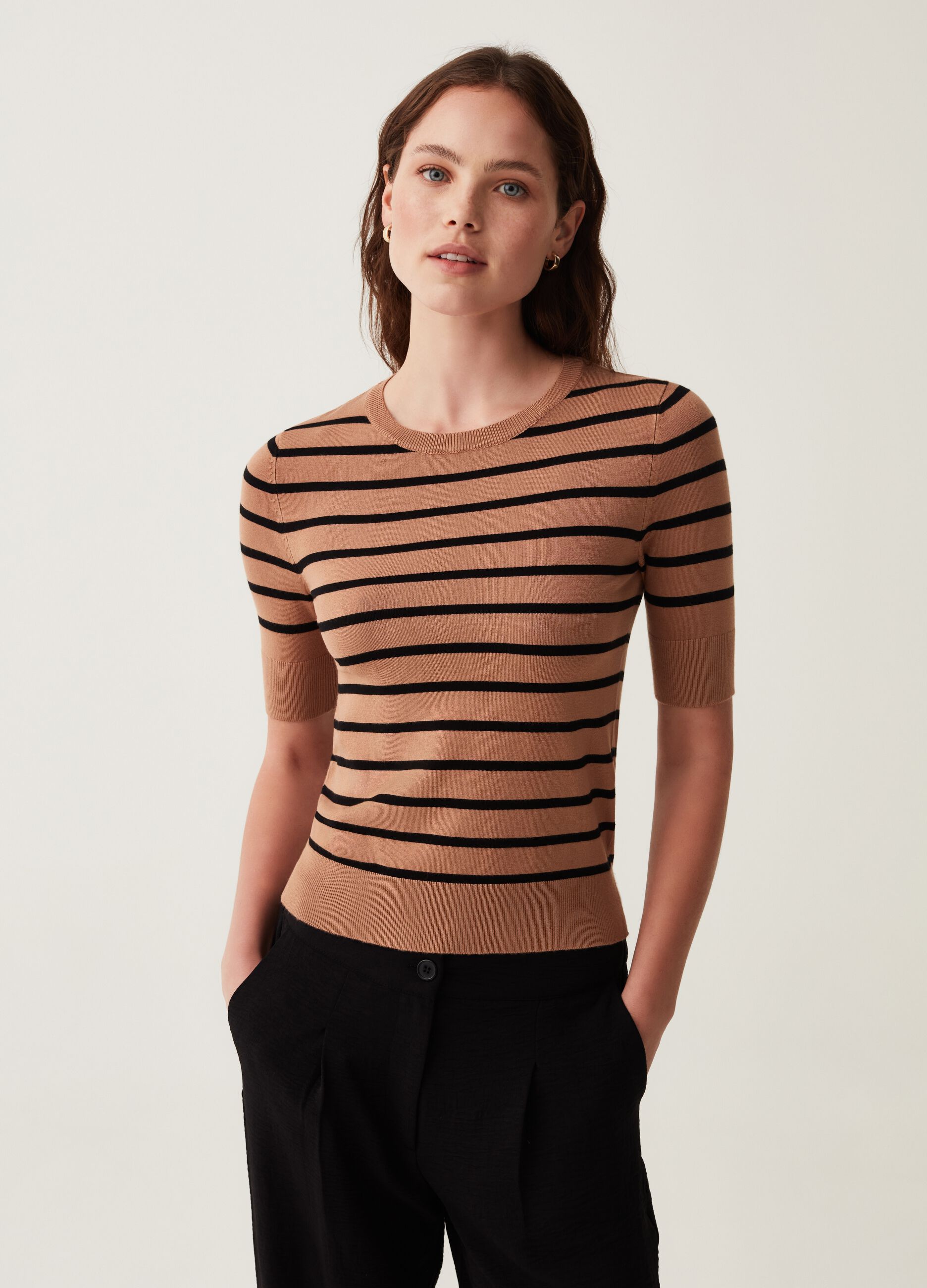 Short-sleeved top with striped pattern